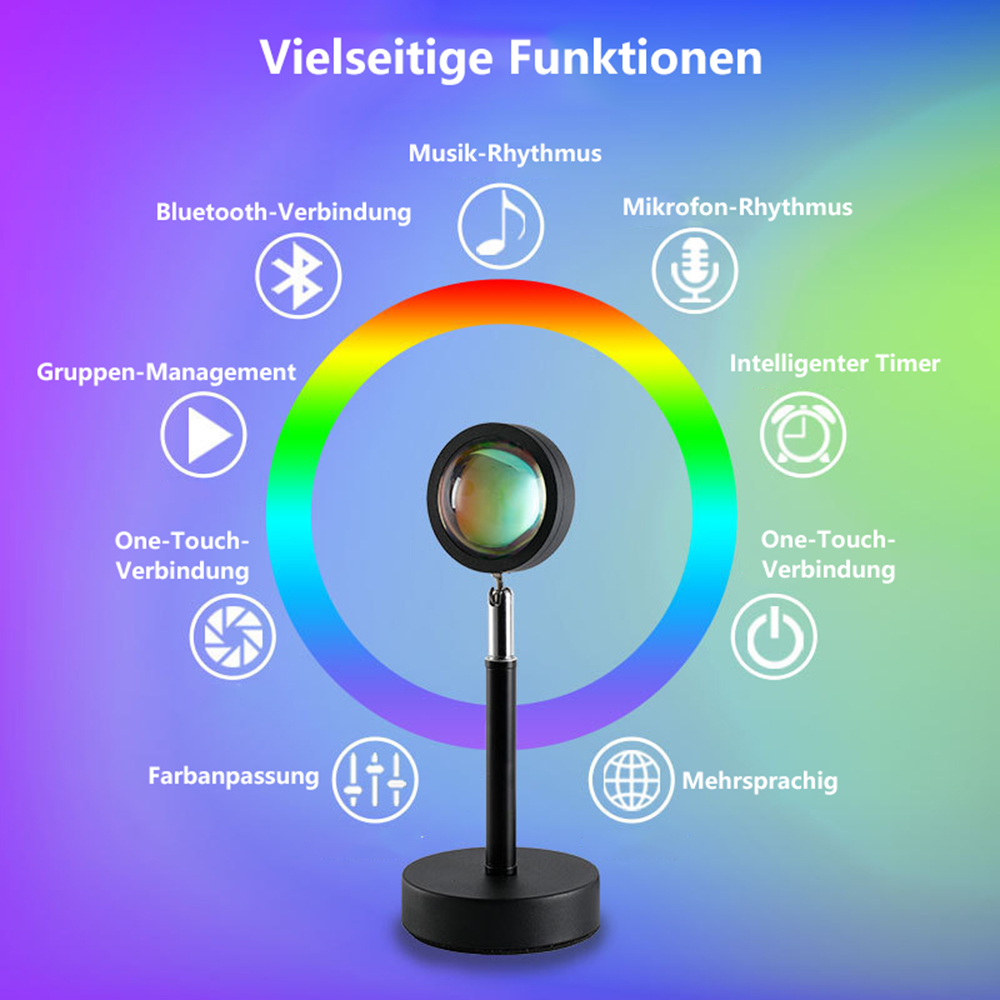 Eine Lampe mit runder Linse ist zentriert. Sie ist von Symbolen und Text auf Deutsch und einem regenbogenfarbenen Bogen umgeben.