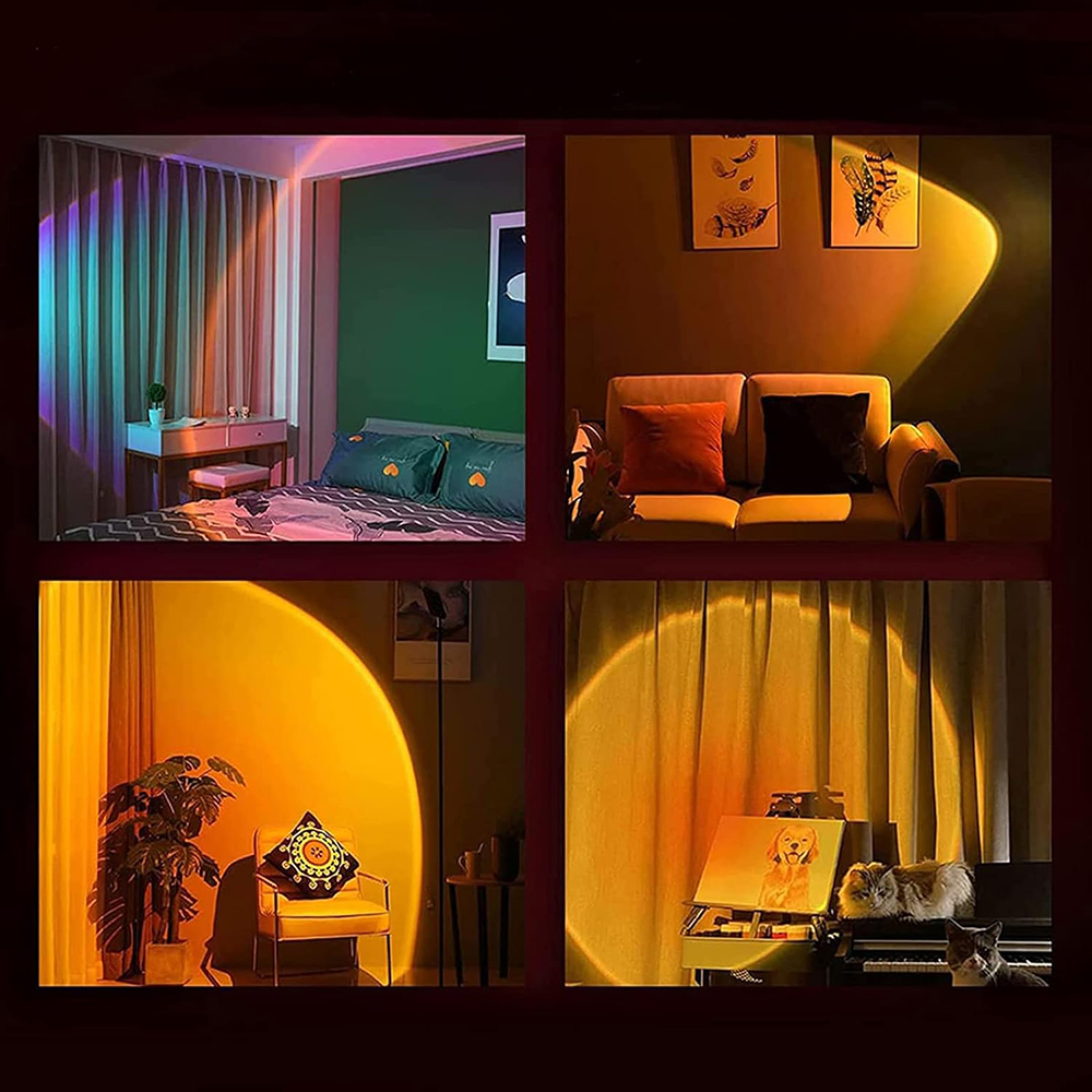 Vier Innenszenen mit sonnenuntergangsähnlicher Beleuchtung. Dazu gehören ein Schlafzimmer, ein Wohnzimmer und ein Kunstraum mit einzigartiger Einrichtung.