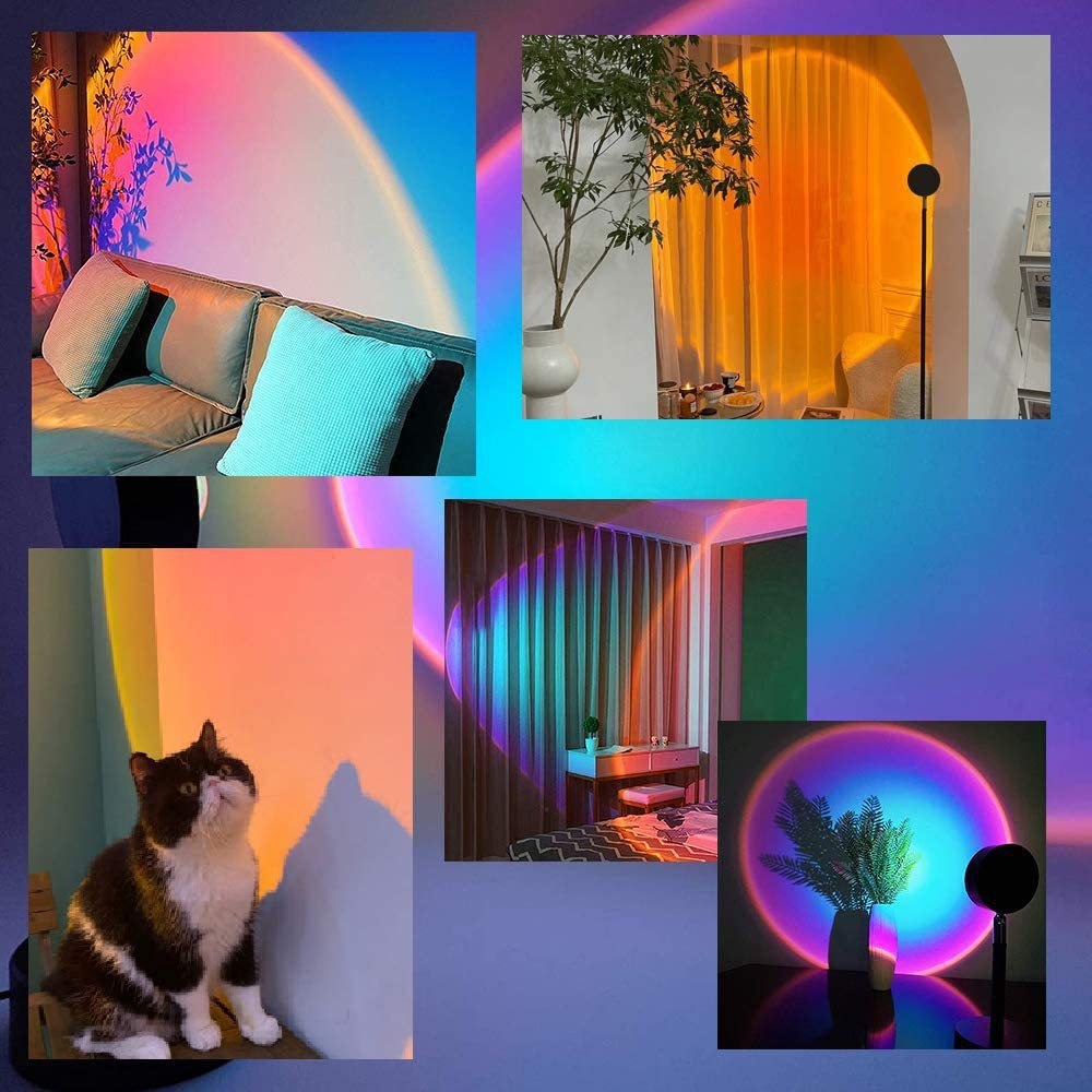 Collage von Bildern mit farbenfrohen Sonnenuntergangslichtprojektionen. Enthält eine Katze, ein Sofa, eine Pflanze und eine Lampe. Regenbogeneffekte.
