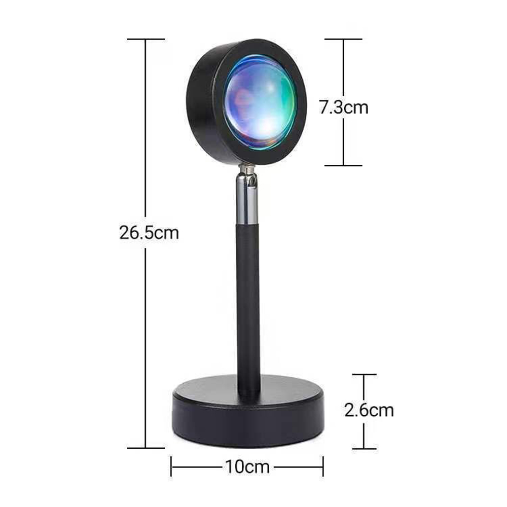 Schwarze Sonnenuntergangslampe mit kreisförmigem Licht. Maße: 26,5 cm Höhe, 10 cm Basisbreite, 7,3 cm Lichtdurchmesser, 2,6 cm Basishöhe.