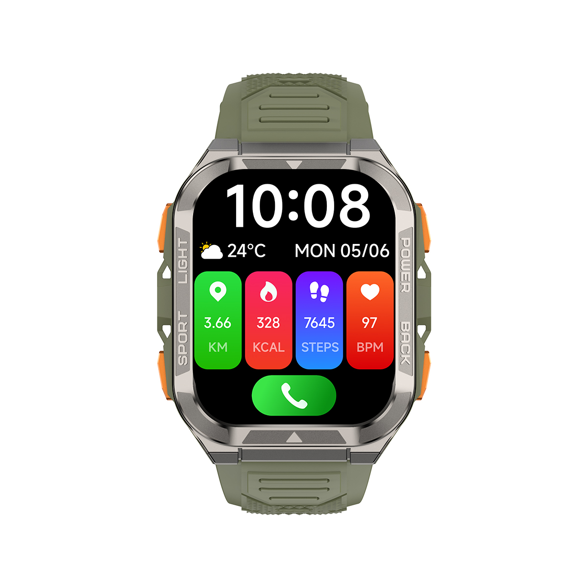 Reloj inteligente con correa verde. La pantalla muestra la hora, fecha, temperatura y métricas de salud como pasos y frecuencia cardíaca.