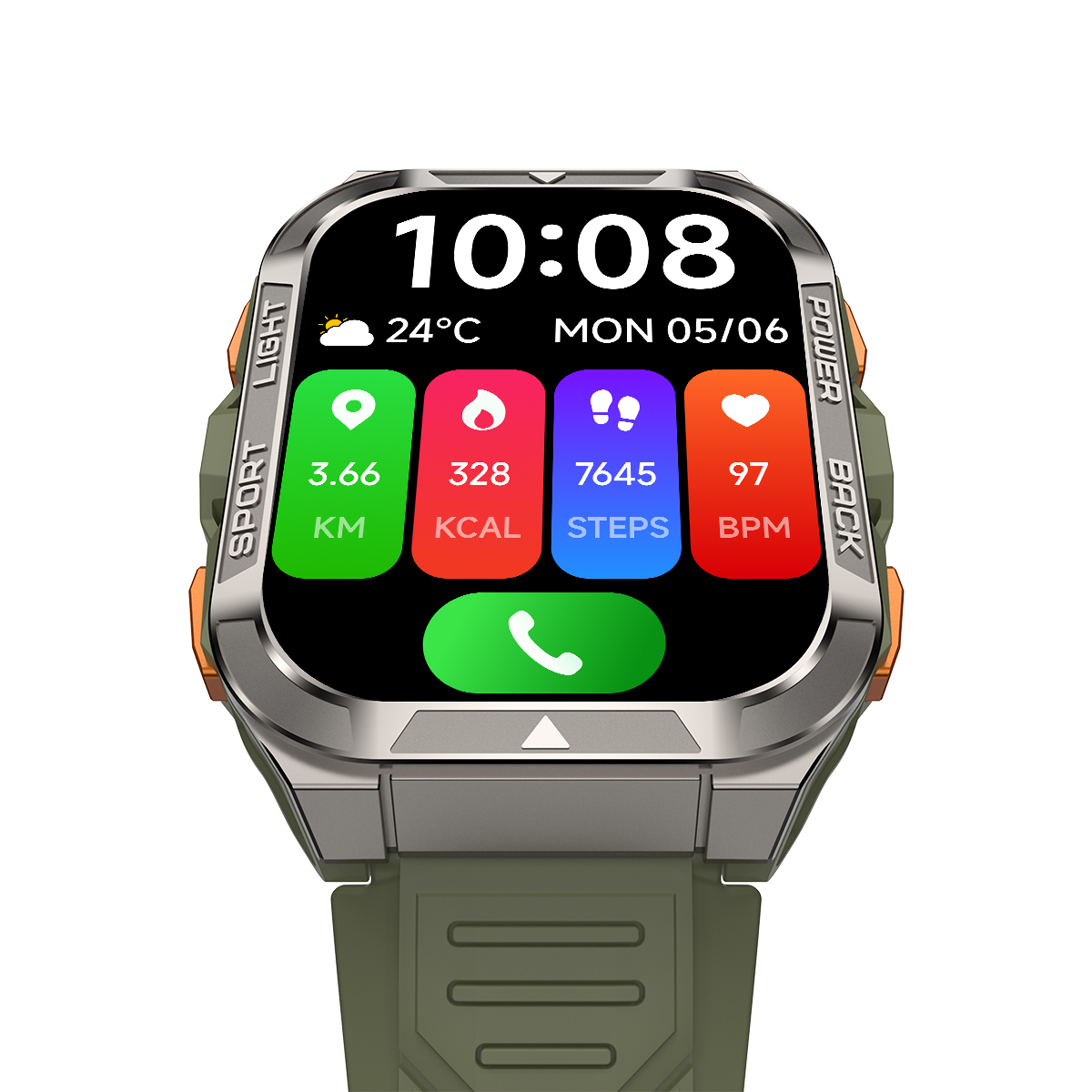 Un reloj inteligente muestra la hora, la fecha y métricas de fitness. Iconos indican distancia, calorías, pasos y ritmo cardíaco. El reloj tiene una correa verde.
