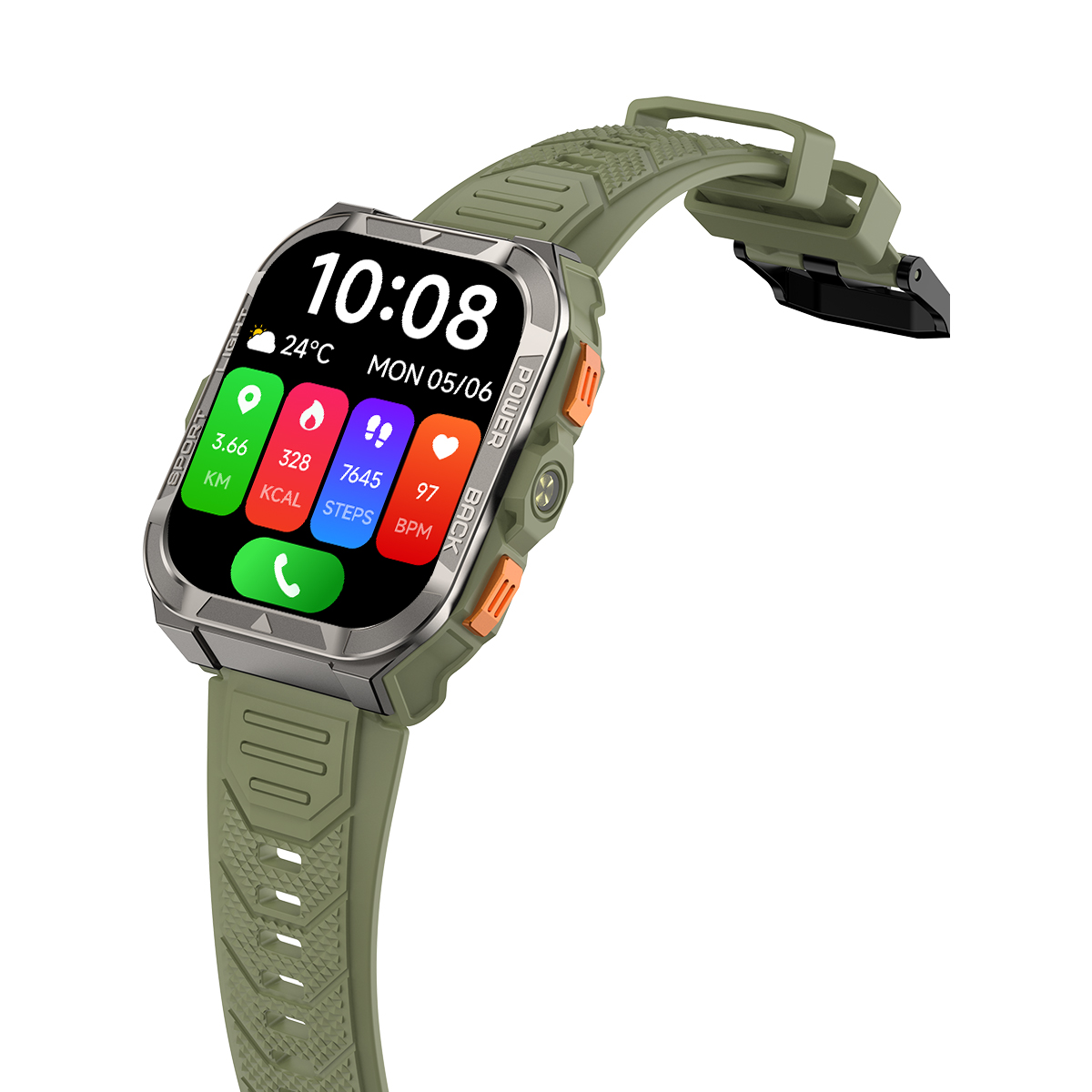 Zielony smartwatch wyświetlający godzinę, statystyki i ikony. Ma zielony pasek, srebrną ramkę i pomarańczowe przyciski. Jest godzina 10:08.