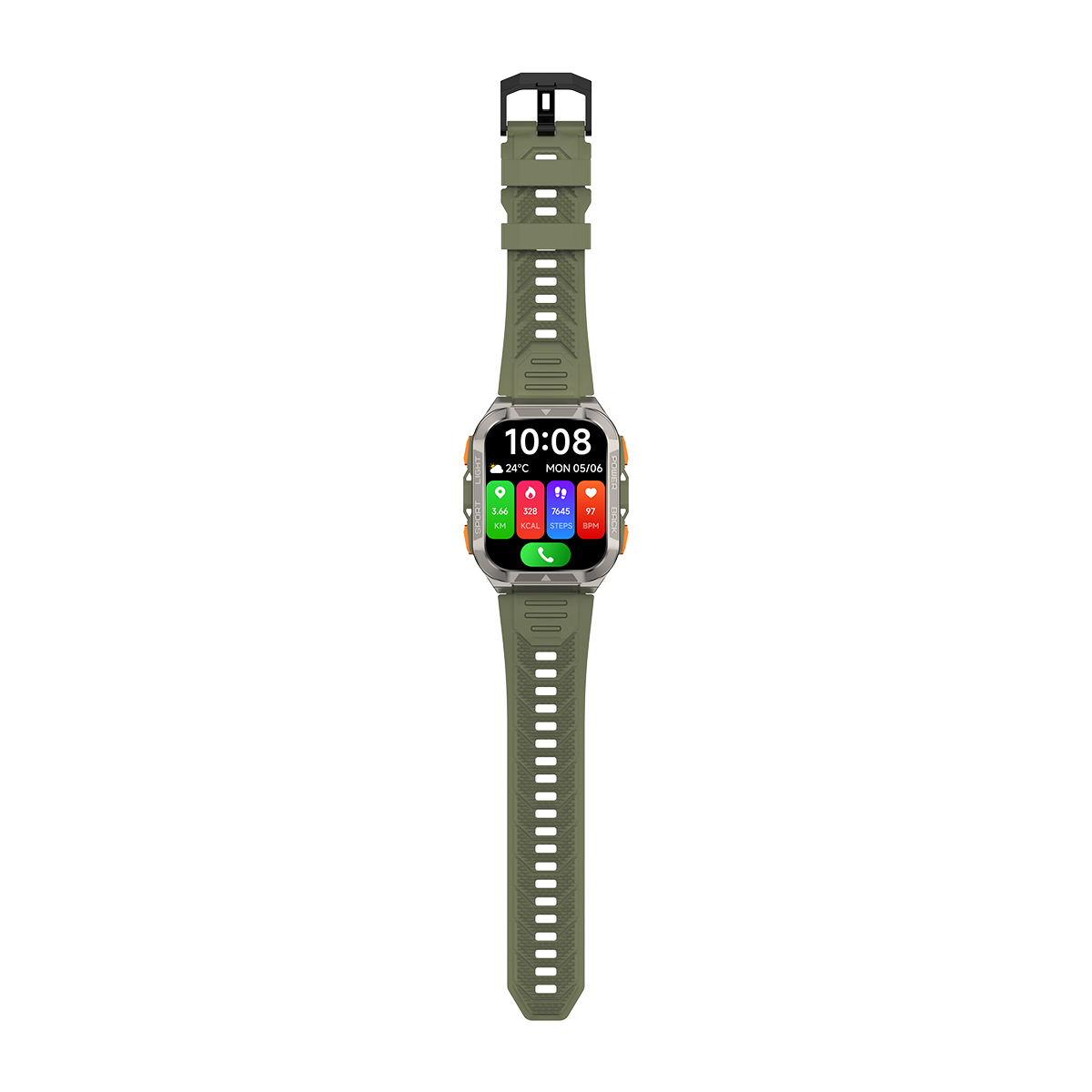 Un reloj inteligente verde con hebilla negra. El reloj muestra la hora, la temperatura y las métricas de actividad. El fondo es blanco.