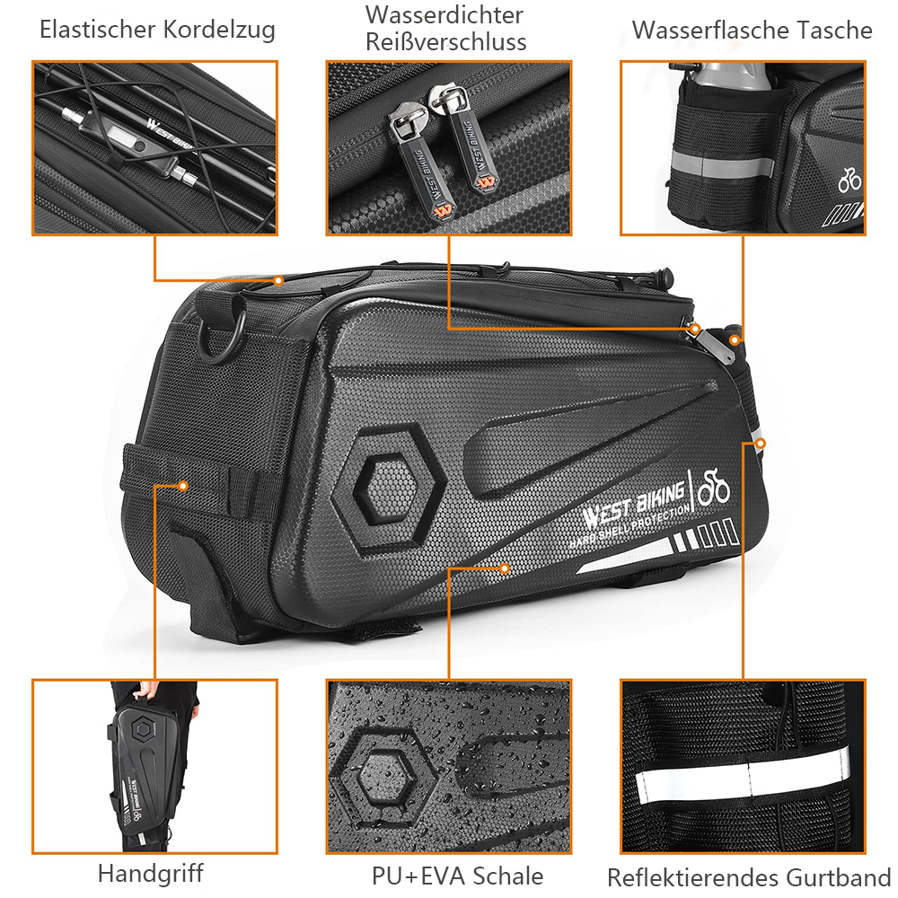 Schwarze Fahrradtasche mit Details: Reißverschluss, reflektierendem Gurt, Wasserflaschentasche und sechseckigem Muster. Nahaufnahmen.