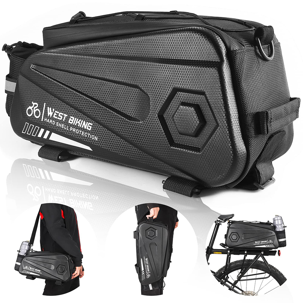 Schwarze Fahrradtasche mit WEST BIKING Logo, in verschiedenen Ansichten: am Fahrrad, getragen von einer Person und Nahaufnahme.