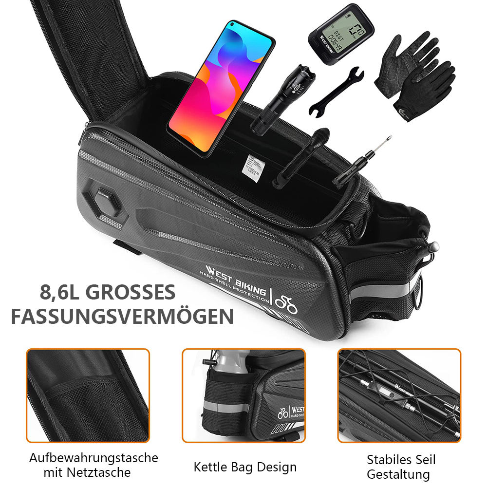 Schwarze Fahrradtasche mit Telefon, Werkzeugen und Zubehör. Auf der Tasche steht 'WEST BIKING'. Zusätzliche Merkmale und Design-Details werden gezeigt.