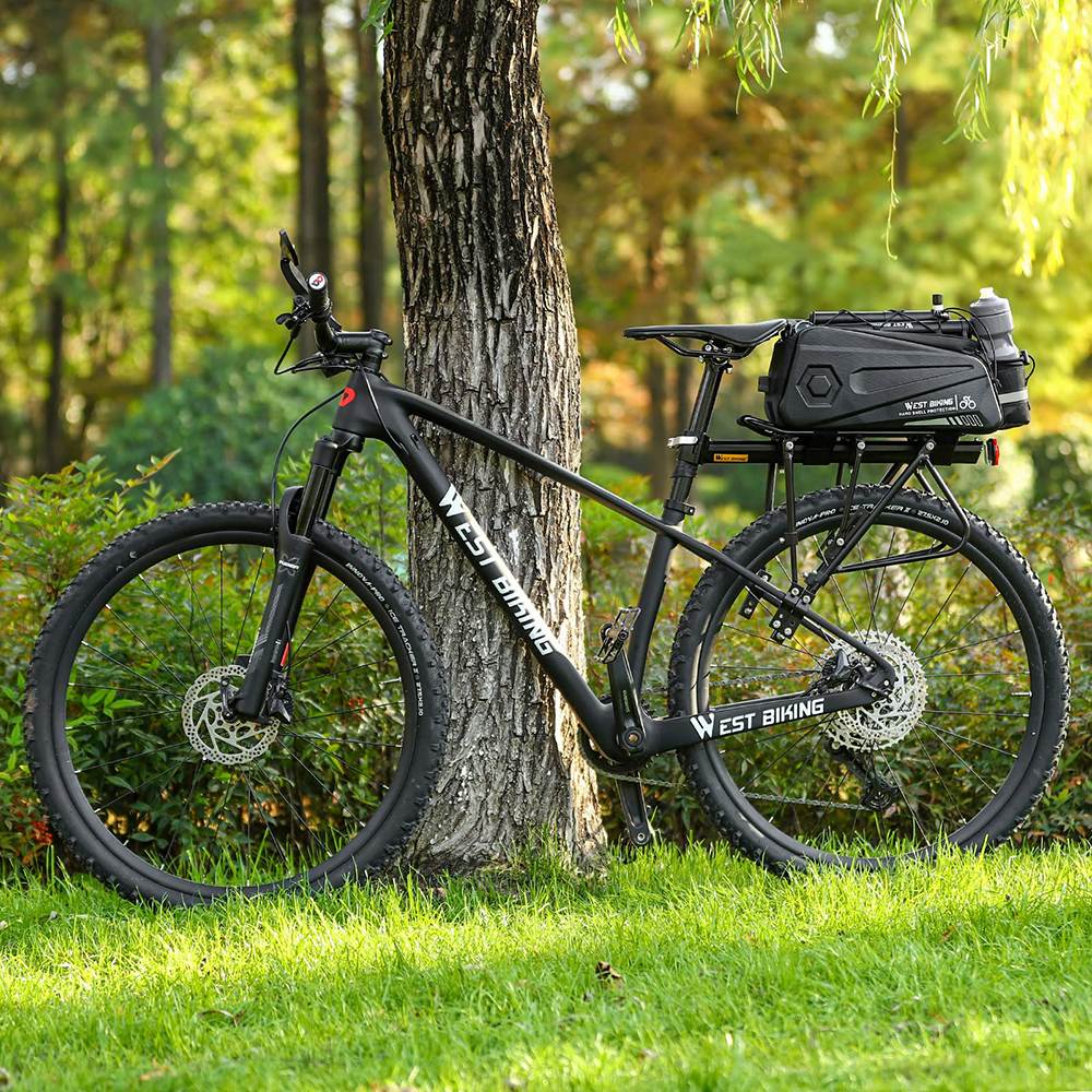Schwarzes Mountainbike lehnt an einem Baum. Es hat einen Gepäckträger und eine Tasche, eine Wasserflasche. Grünes Gras im Vordergrund.