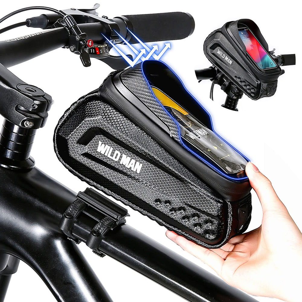 Eine Fahrrad-Telefontasche mit dem Markennamen "WILD MAN" ist am Lenker befestigt. Die Tasche hat ein klares Fenster für das Telefon.
