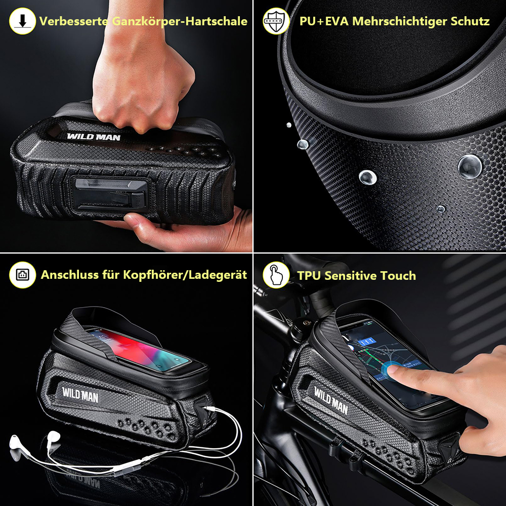 Eine schwarze Fahrrad-Telefontasche mit der Marke 'WILD MAN' wird gezeigt, mit Funktionen wie Ganzkörper-Hartschale, PU+EVA-Schutz, Kopfhöreranschluss und Touch-Empfindlichkeit.