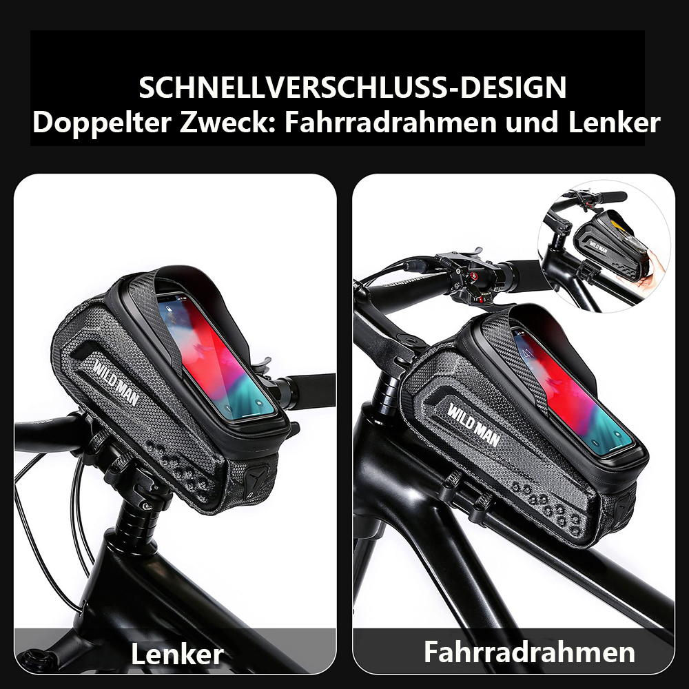 Das Bild zeigt zwei Fahrradhalterungen mit Telefonen. Links ist eine Lenkerhalterung, rechts eine Rahmenhalterung. Text: 'WILD MAN' und 'Fahrradrahmen'.