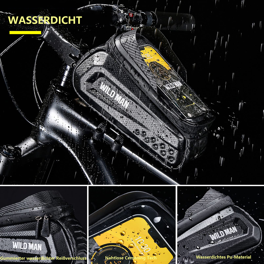 Schwarzer Fahrradlenker mit Handytasche. Die Tasche trägt die Marke 'WILD MAN'. Der Bildschirm ist sichtbar. Der Hintergrund ist schwarz.