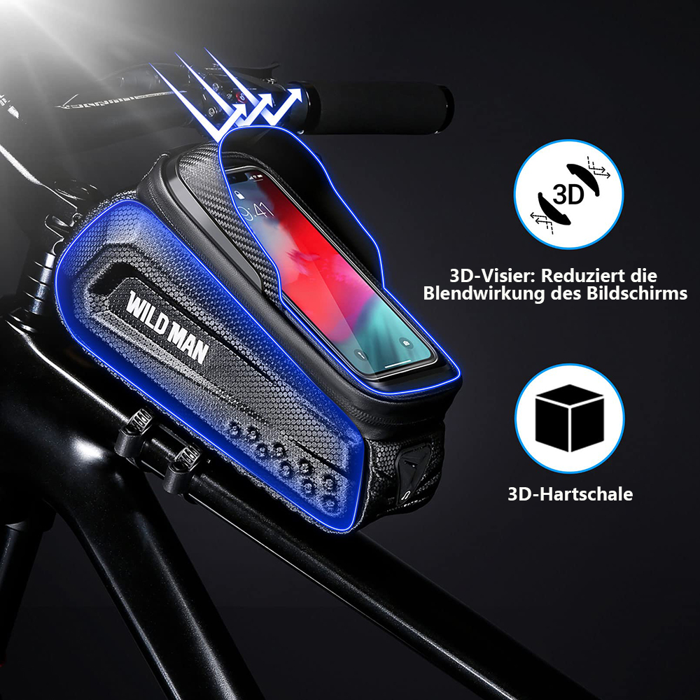 Eine schwarze Fahrrad-Telefontasche mit einem Telefon, das einen roten Bildschirm zeigt. Es ist mit 'WILD MAN' versehen und hat blaue Akzente. Pfeile weisen auf die Funktionen hin.