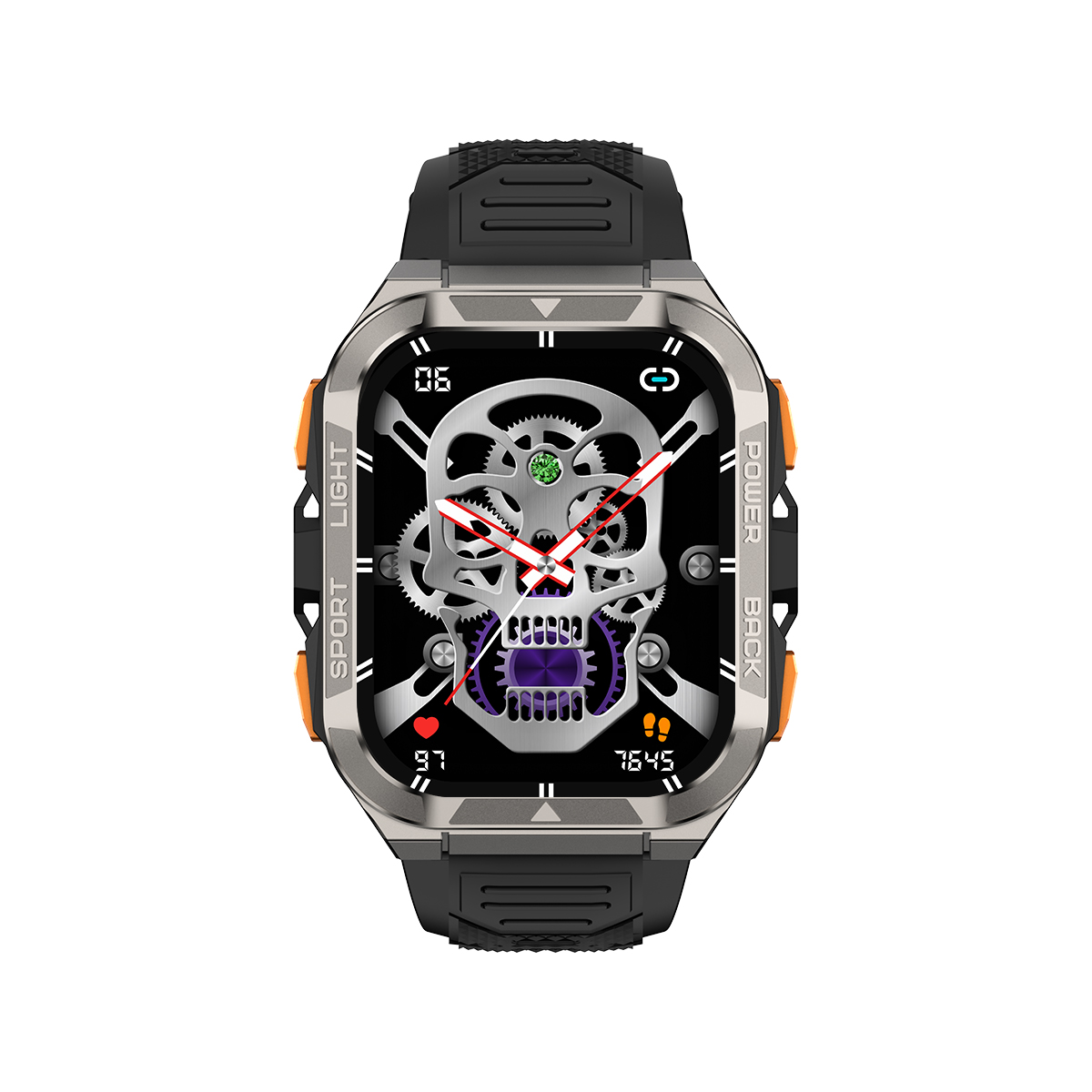 Un reloj inteligente con una pantalla con temática de calavera. Tiene una correa negra y un bisel plateado. La pantalla muestra engranajes y métricas de salud.