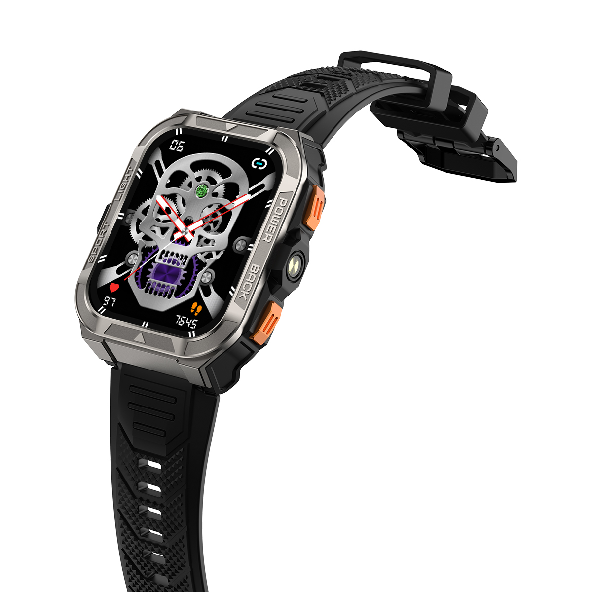 Czarny smartwatch z wyświetlaczem czaszki. Zegarek ma srebrną ramkę i pomarańczowy przycisk. Pasek jest czarny.