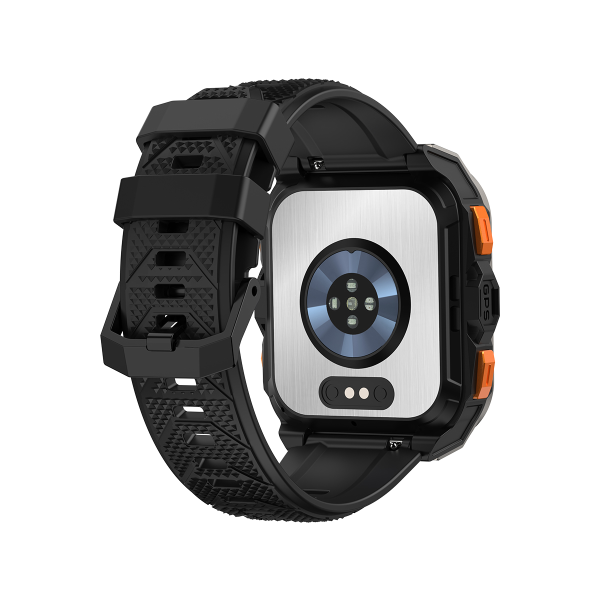 Czarny smartwatch z pomarańczowymi przyciskami i srebrnym tyłem. Pasek jest czarny. Tył ma czujniki i monitor pracy serca.