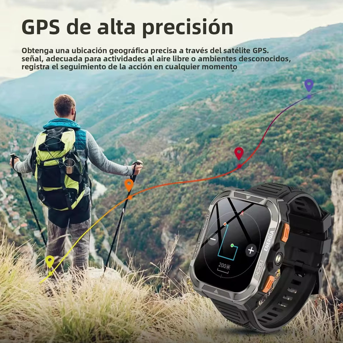 Un excursionista con bastones en una montaña, reloj GPS en primer plano y una ruta mostrada. El texto dice 'GPS de alta precisión'.