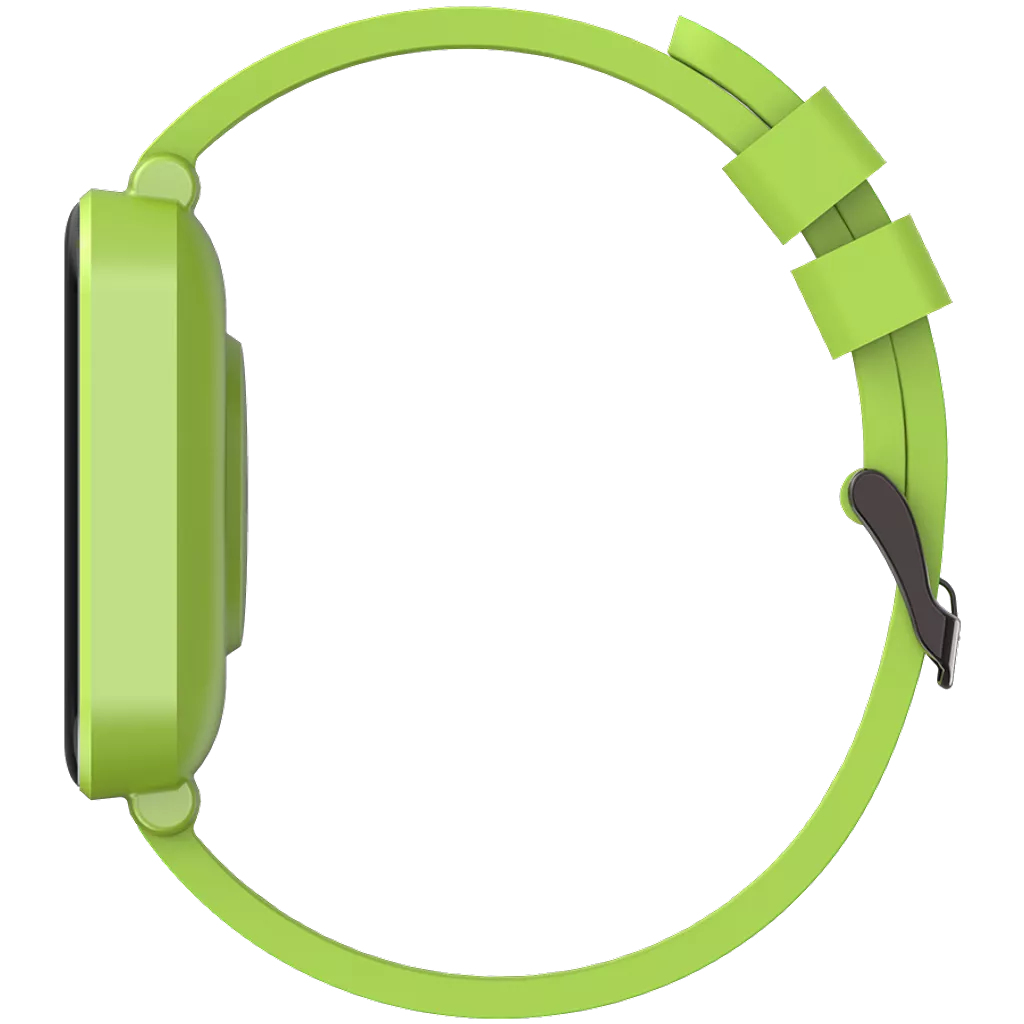 Widok z boku zielonego smartwatcha, pokazujący tarczę zegarka, pasek i zapięcie na białym tle.