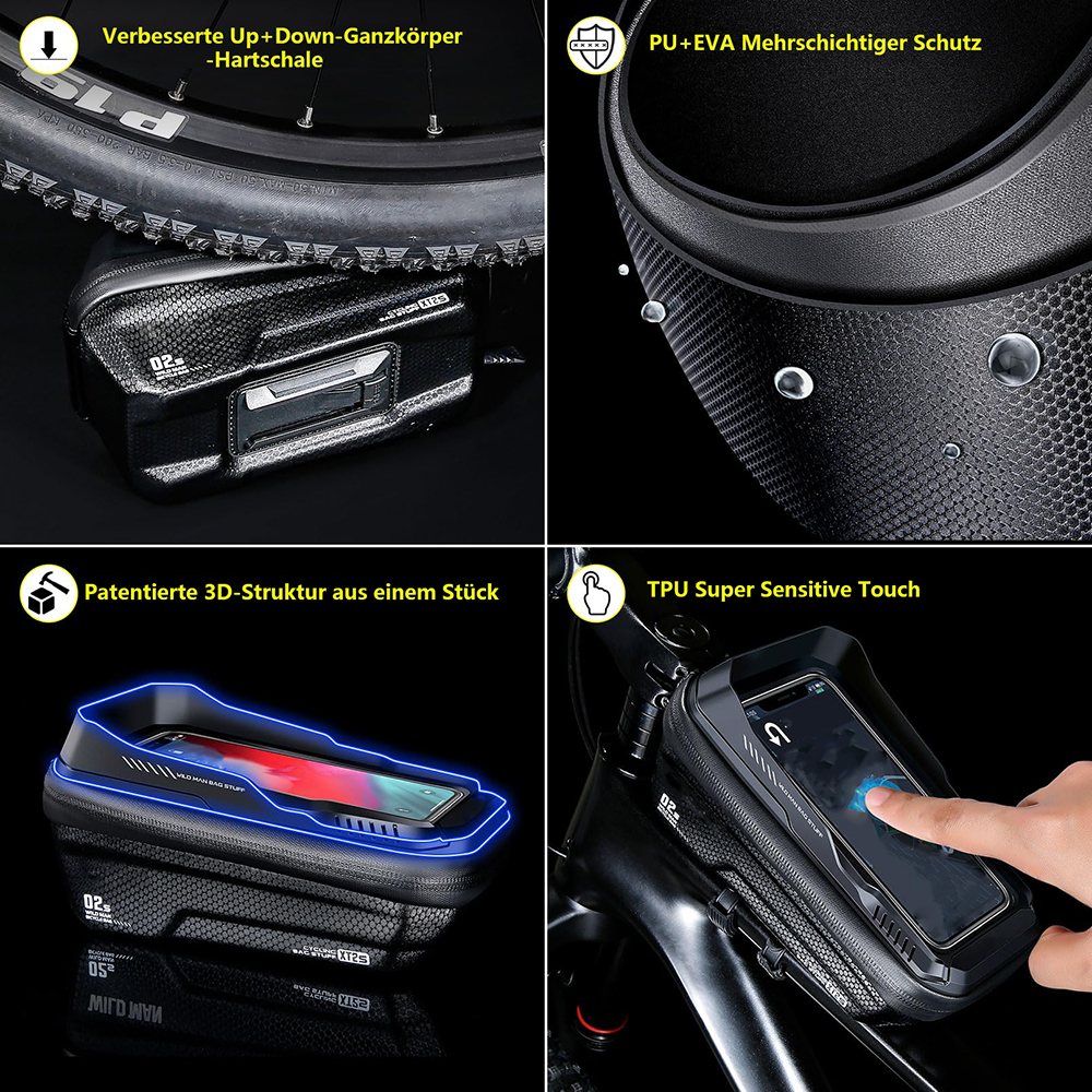 Fahrradtasche mit Telefon. Schwarze Tasche, Fahrradrad darüber. Nahaufnahme von Material und eine Hand berührt den Bildschirm.