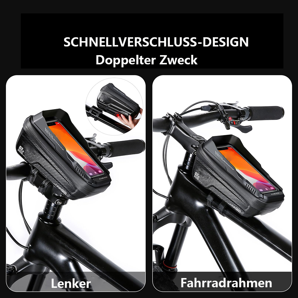 Ein Fahrradrahmen mit einer Telefonhalterung und einem Telefon darin. Der Rahmen ist schwarz, und der Telefonbildschirm ist sichtbar.