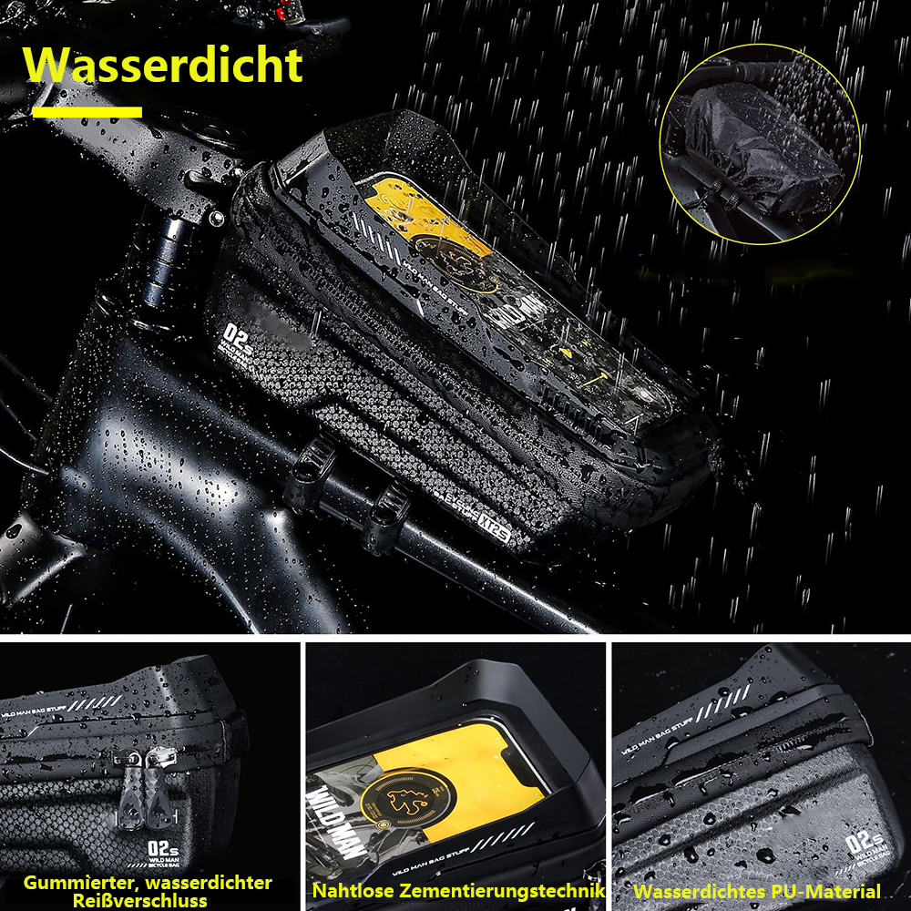Eine schwarze, wasserdichte Fahrradtasche mit Telefon im Inneren, montiert am Fahrradlenker im Regen. Details umfassen Text und Produktmerkmale.