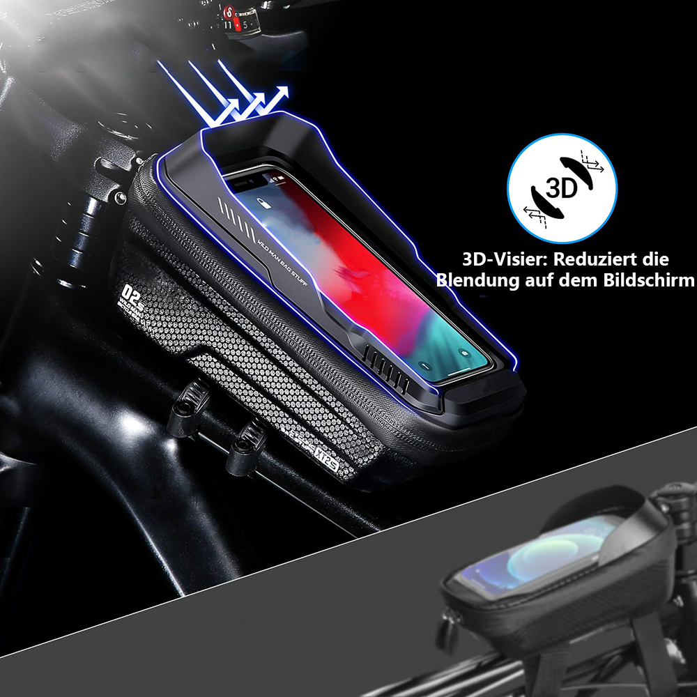 Ein schwarzer Motorrad-Telefonhalter mit einem Telefon darin. Er hat ein 3D-Visier zur Reduzierung der Blendung. Der Halter ist am Lenker befestigt.
