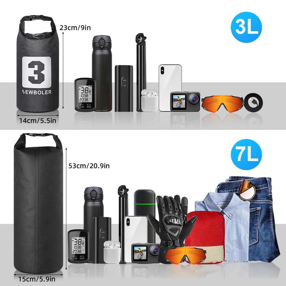 Das Bild zeigt zwei Reihen von Gegenständen: wasserdichte Taschen, Wasserflaschen, Tech-Gadgets, Sportbekleidung und Kleidung, mit Größenangaben 3L und 7L.