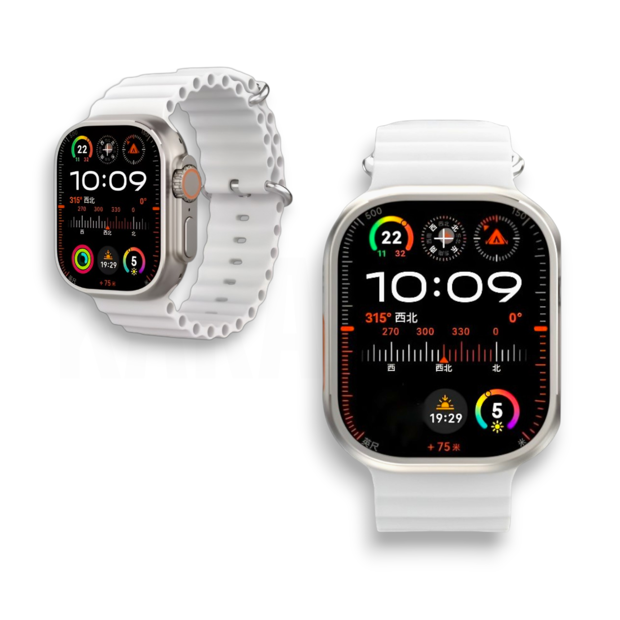 Dos relojes inteligentes blancos con pantallas negras que muestran la hora, la fecha y las lecturas de la brújula. Un reloj está suelto, el otro está sujeto.