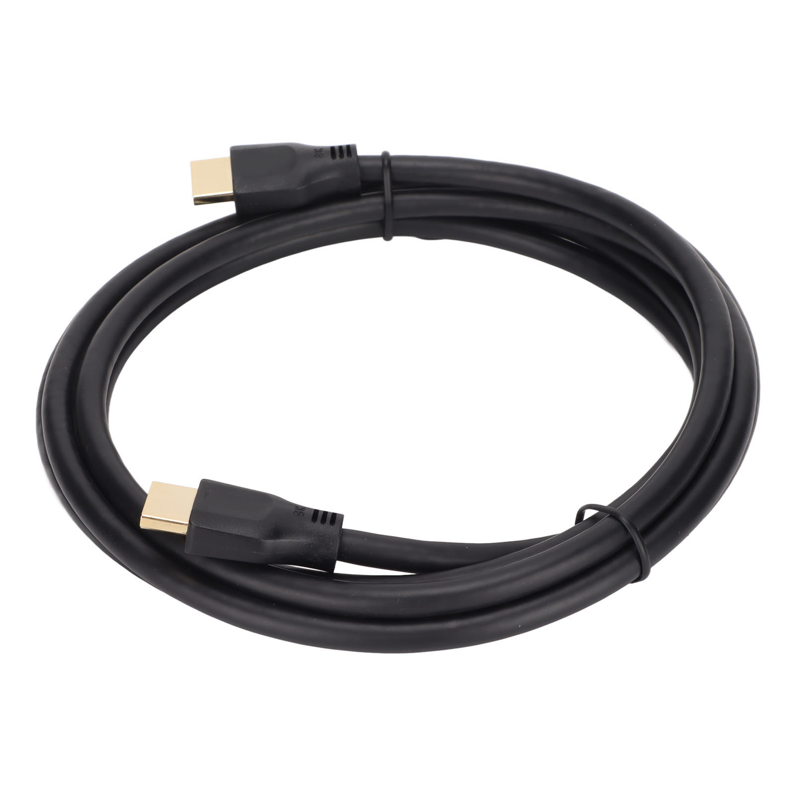 Ein schwarzes HDMI-Kabel mit goldenen Steckern, auf weißem Hintergrund geschleift.