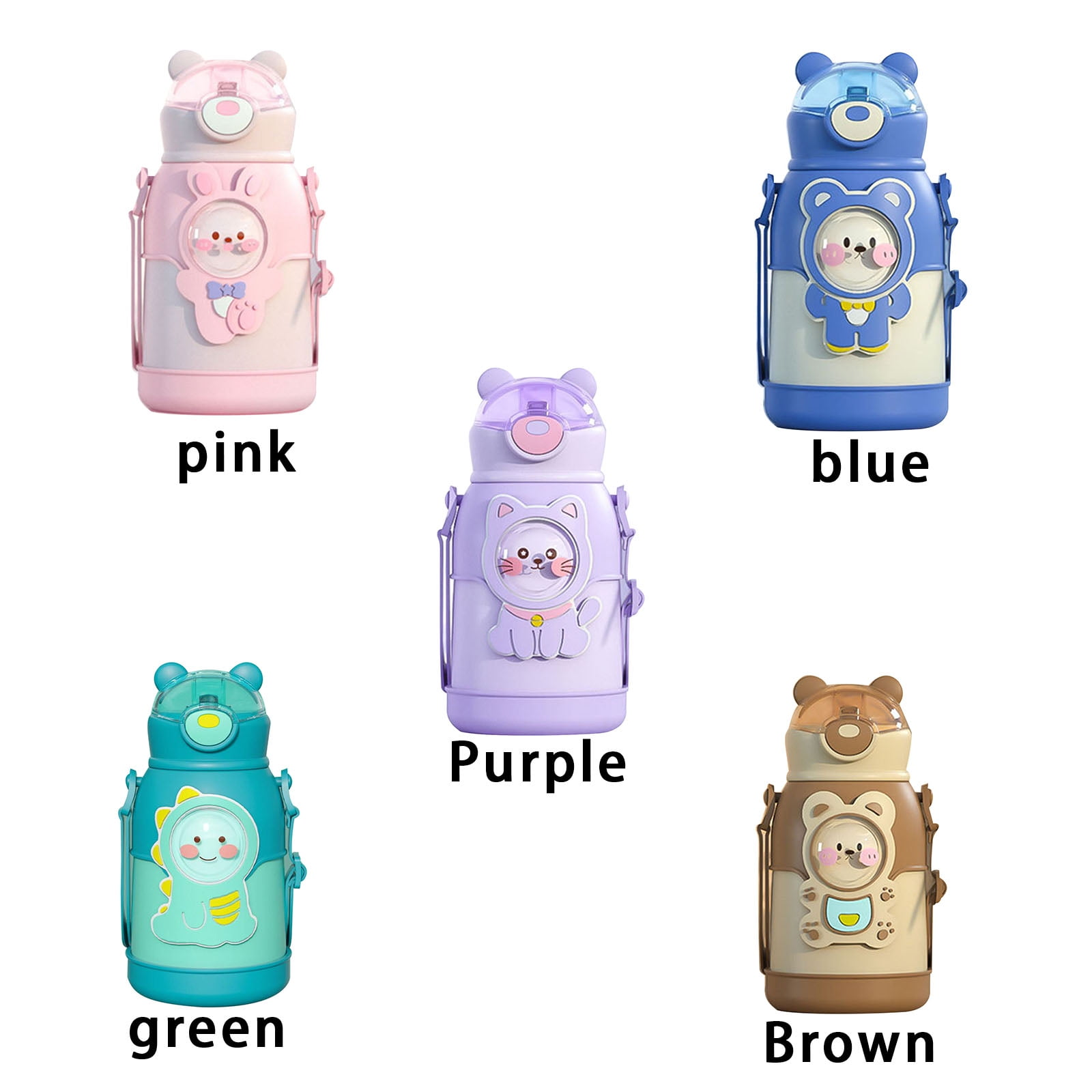 Fünf bunte Wasserflaschen mit Tierdesigns. Rosa, blaue, lila, grüne und braune Flaschen sind abgebildet, jede mit ihrer Farbe beschriftet.