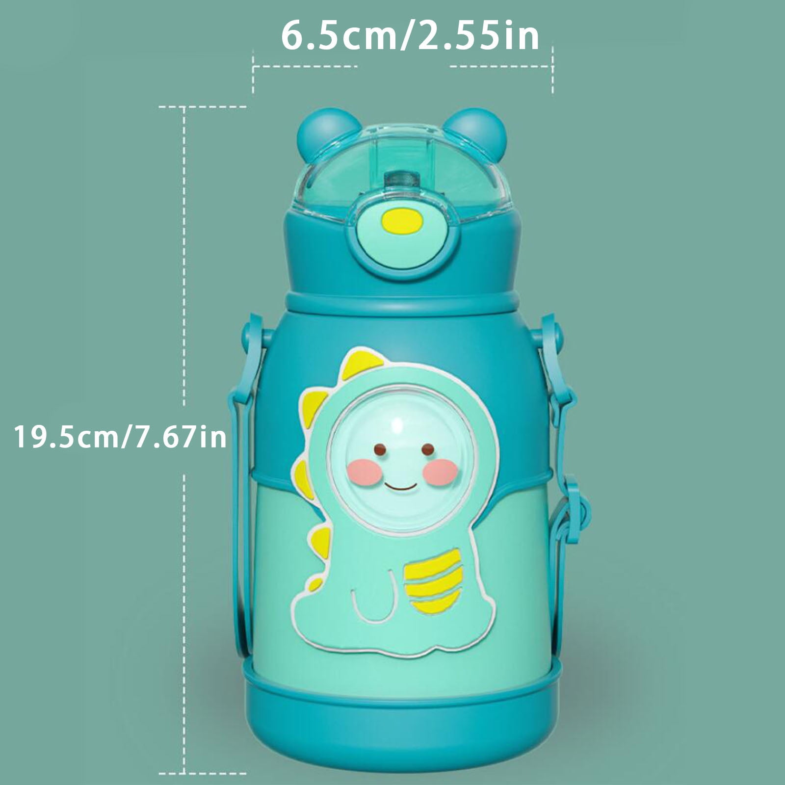 Eine türkisfarbene Wasserflasche mit Dinosaurier-Design. Sie hat einen bärenförmigen Deckel und einen türkisfarbenen Hintergrund.