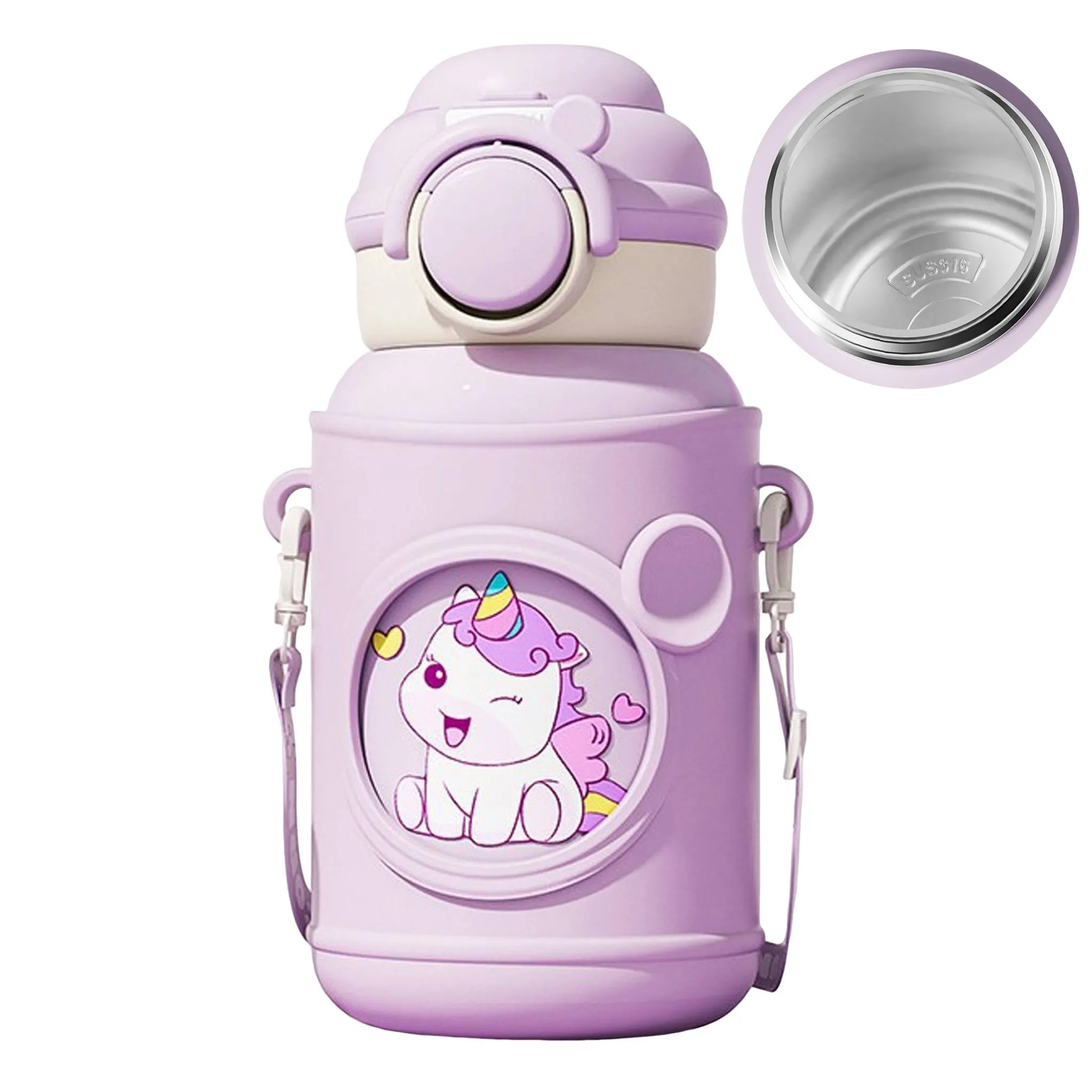 Eine lila Wasserflasche mit Einhorn-Design. Sie hat einen Riemen, und ein kleineres Bild zeigt das Innere der Flasche.
