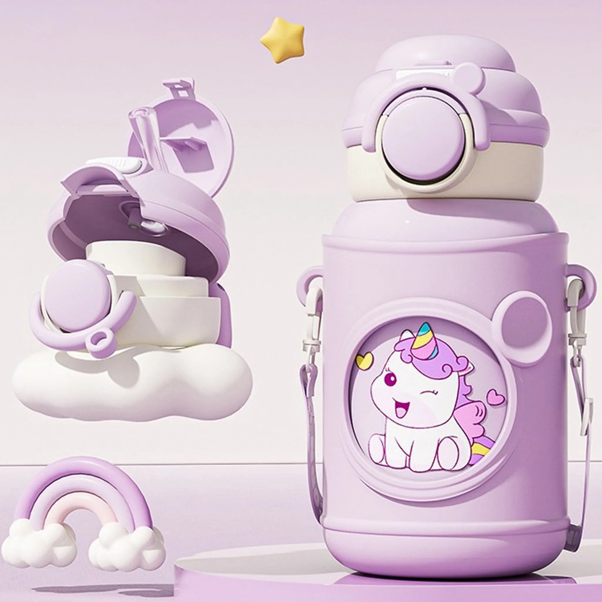 Eine lila Einhorn-Wasserflasche mit einem zwinkernden Einhorn, Regenbogen und Stern. Daneben ein offener Deckel.