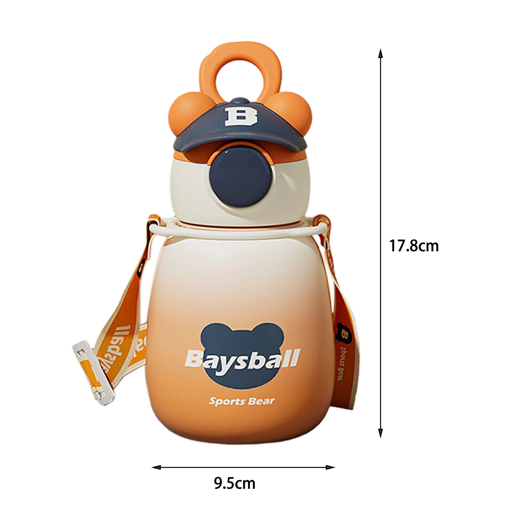 Eine Wasserflasche mit Bärenmotiv. Sie hat eine orange-weiße Farbgebung, eine Kappe und einen Riemen. Text: Baysball, Sports Bear.