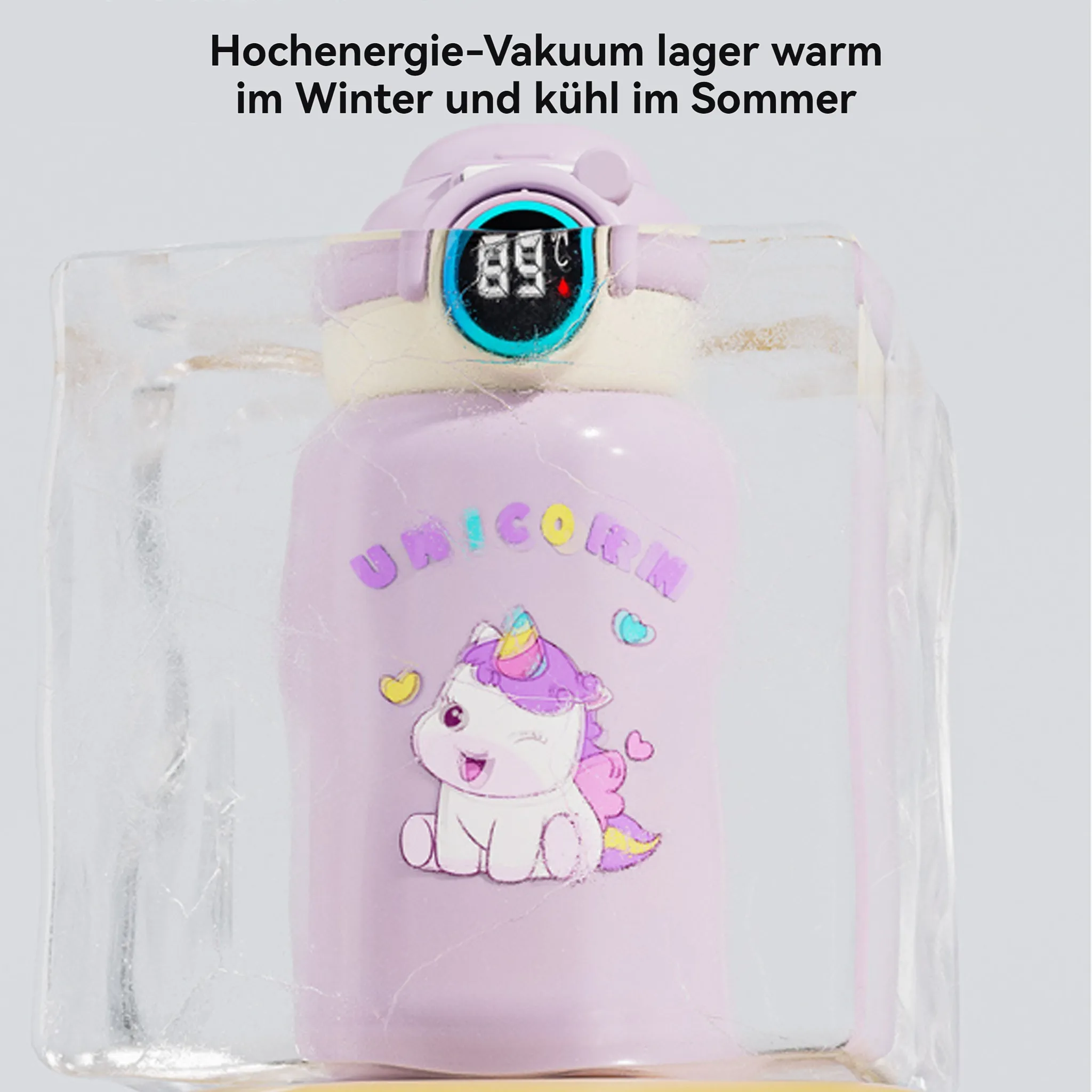 Eine lilafarbene Einhorn-Wasserflasche mit digitaler Temperaturanzeige, eingeschlossen in Eis.