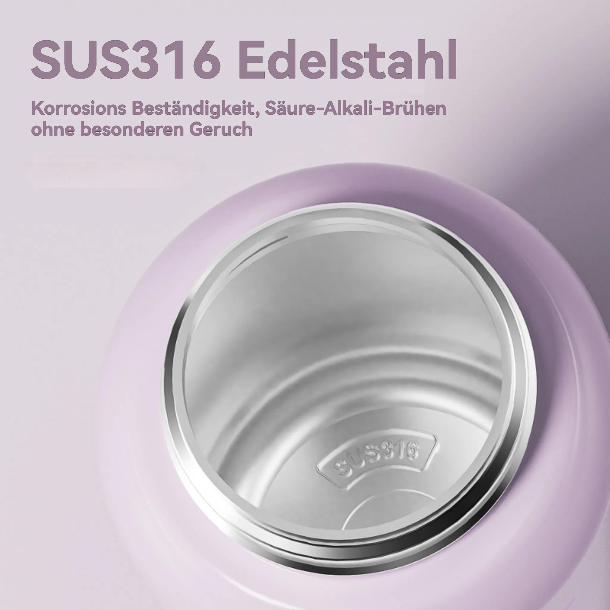 Nahaufnahme einer Edelstahl-Wasserflasche, lila gefärbt. Text lautet SUS316 Edelstahl.