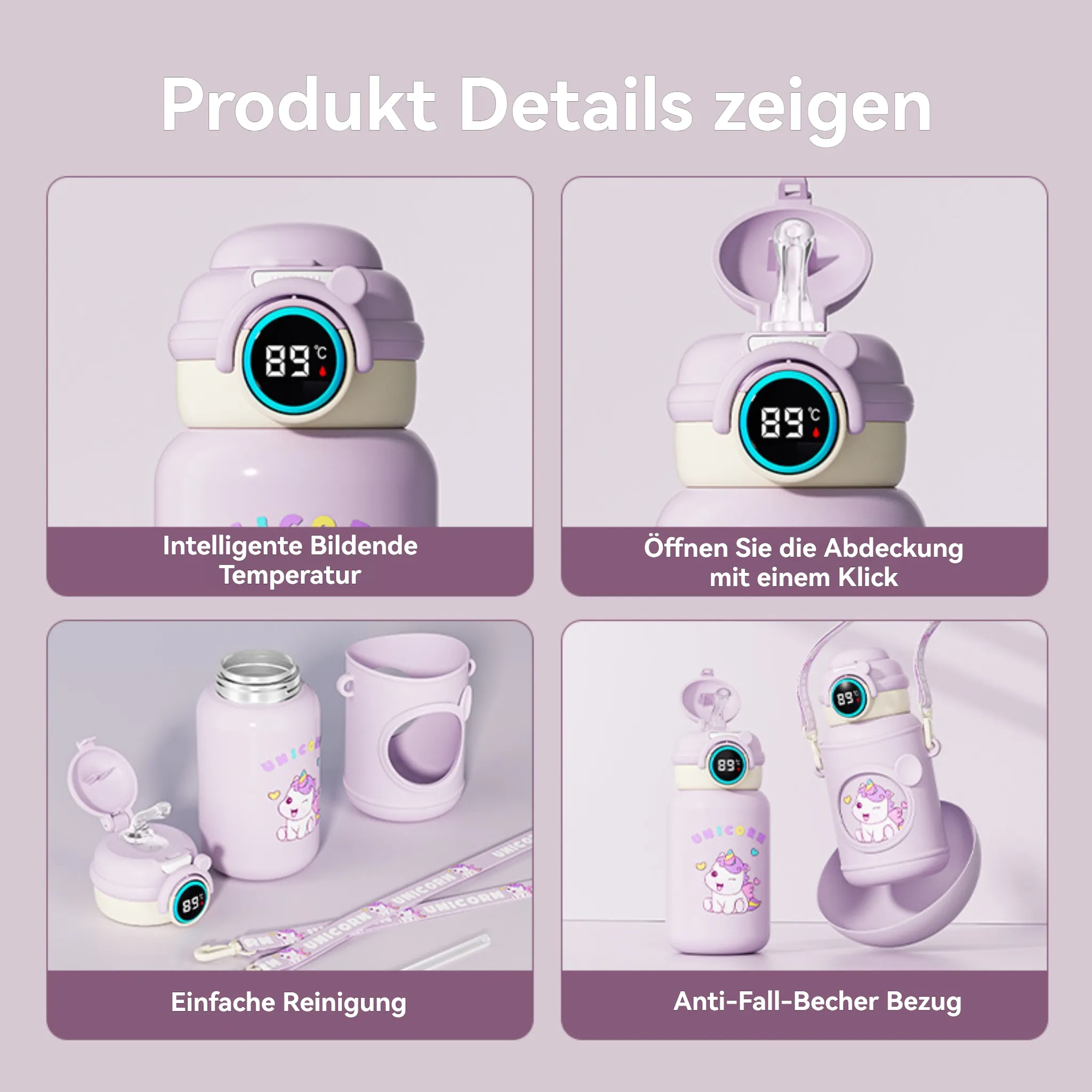 Produktdetails: Lila Wasserflasche mit Einhorn-Motiv und Temperaturanzeige. Zeigt verschiedene Flaschenteile und Funktionen.