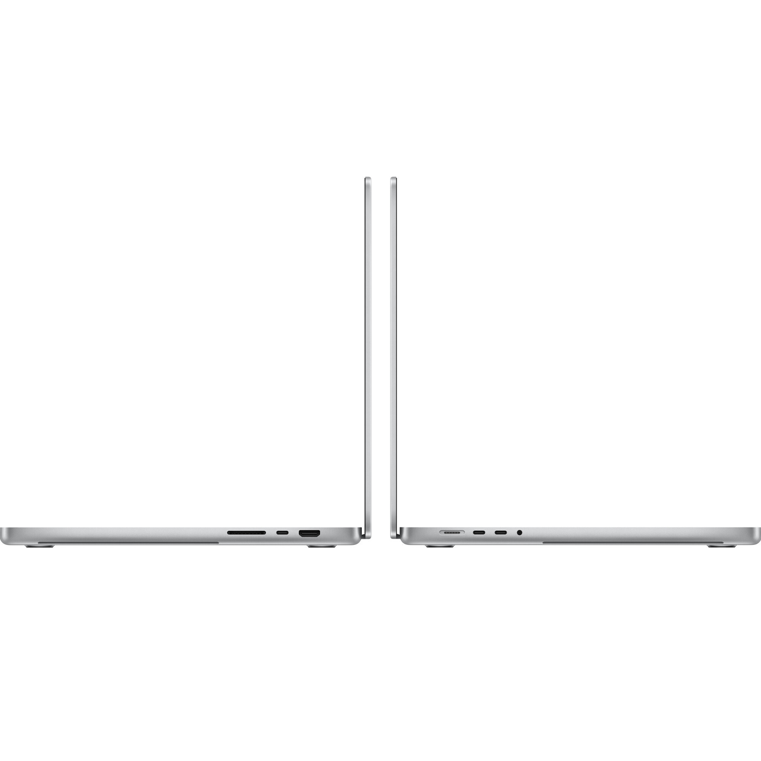 Twee zilveren laptops naast elkaar, iets geopend. Poorten zichtbaar aan de zijkanten. Witte achtergrond.