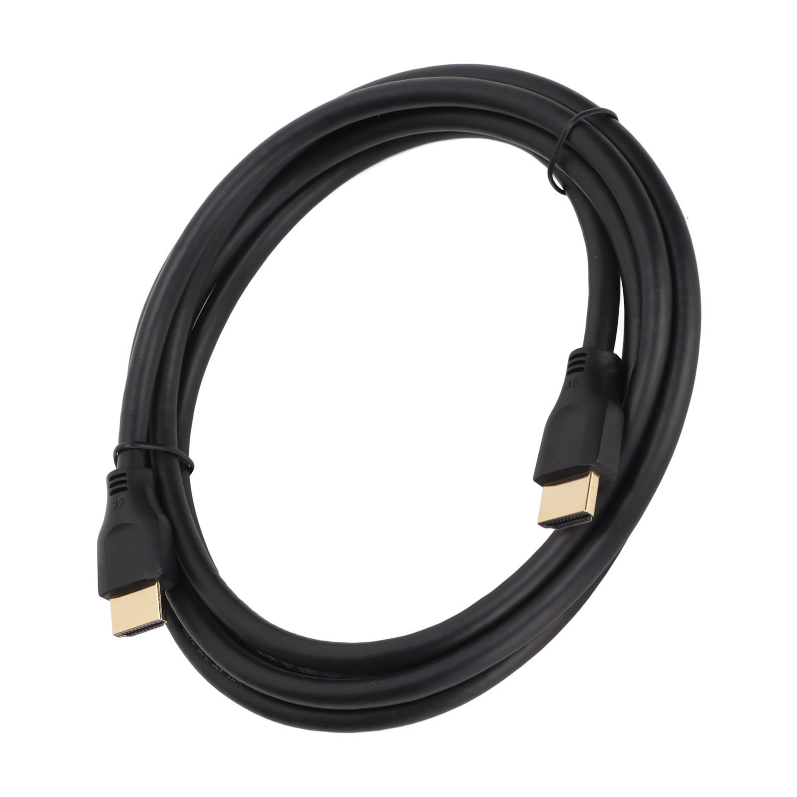 Ein schwarzes HDMI-Kabel, das zu einer Schlaufe auf weißem Hintergrund aufgerollt ist. Die Stecker haben goldfarbene Kontakte.