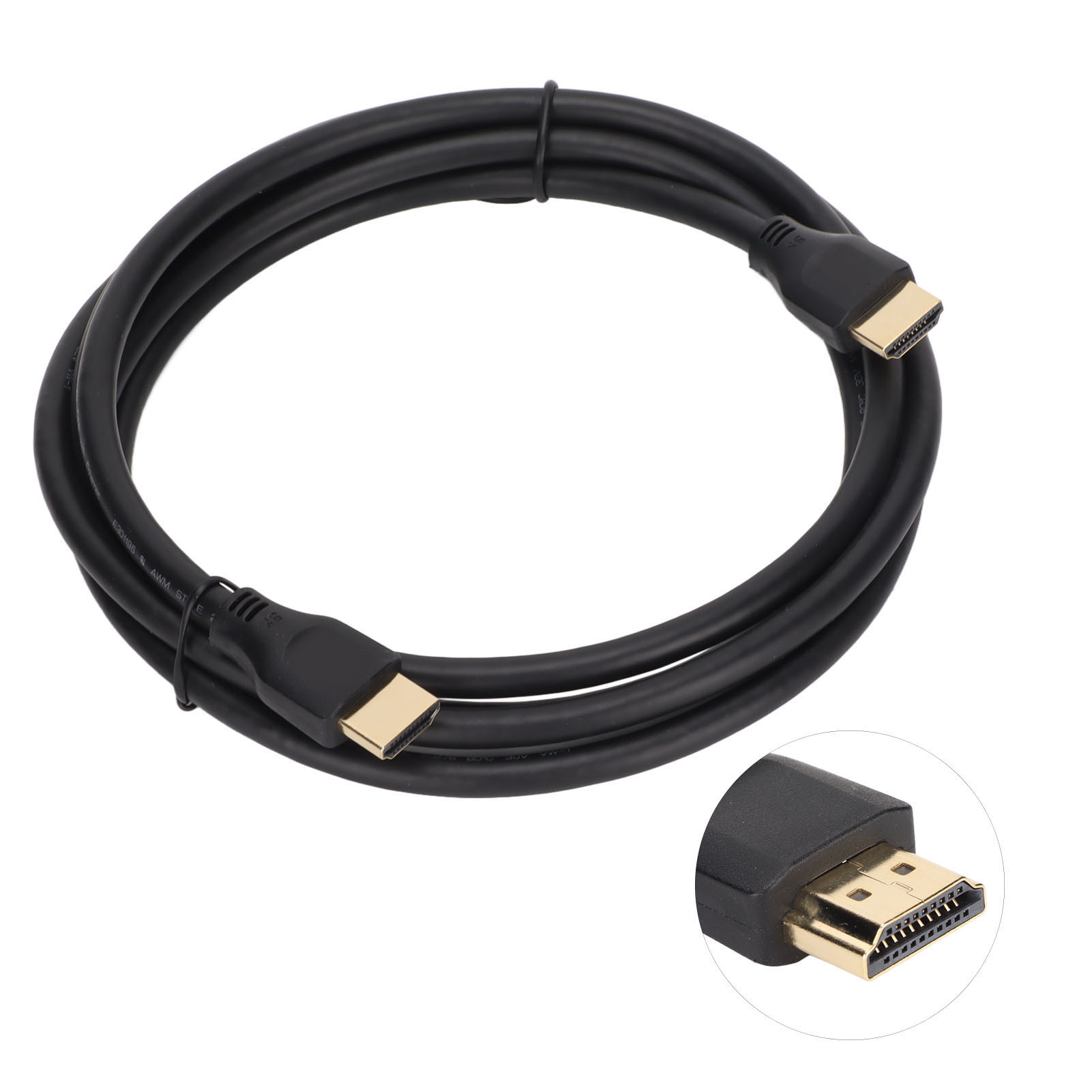 Ein schwarzes HDMI-Kabel, das zu einem Kreis geformt ist, mit Anschlüssen an jedem Ende. Eine Nahaufnahme zeigt einen goldfarbenen Anschluss.