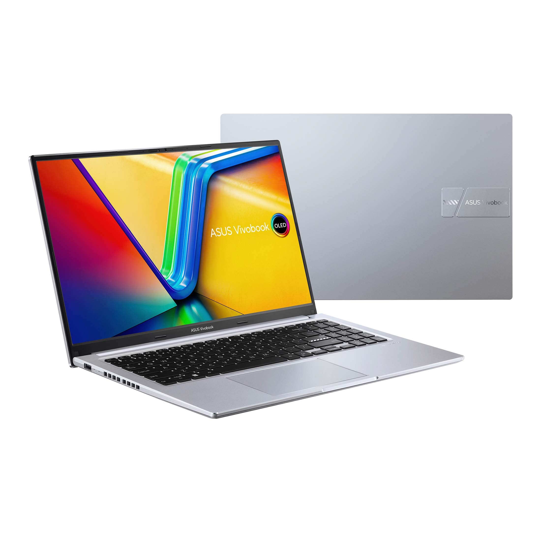 Ein silbernes ASUS Vivobook-Laptop wird angezeigt. Der Bildschirm zeigt ein farbenfrohes Design. Die Rückseite des Laptops ist sichtbar.