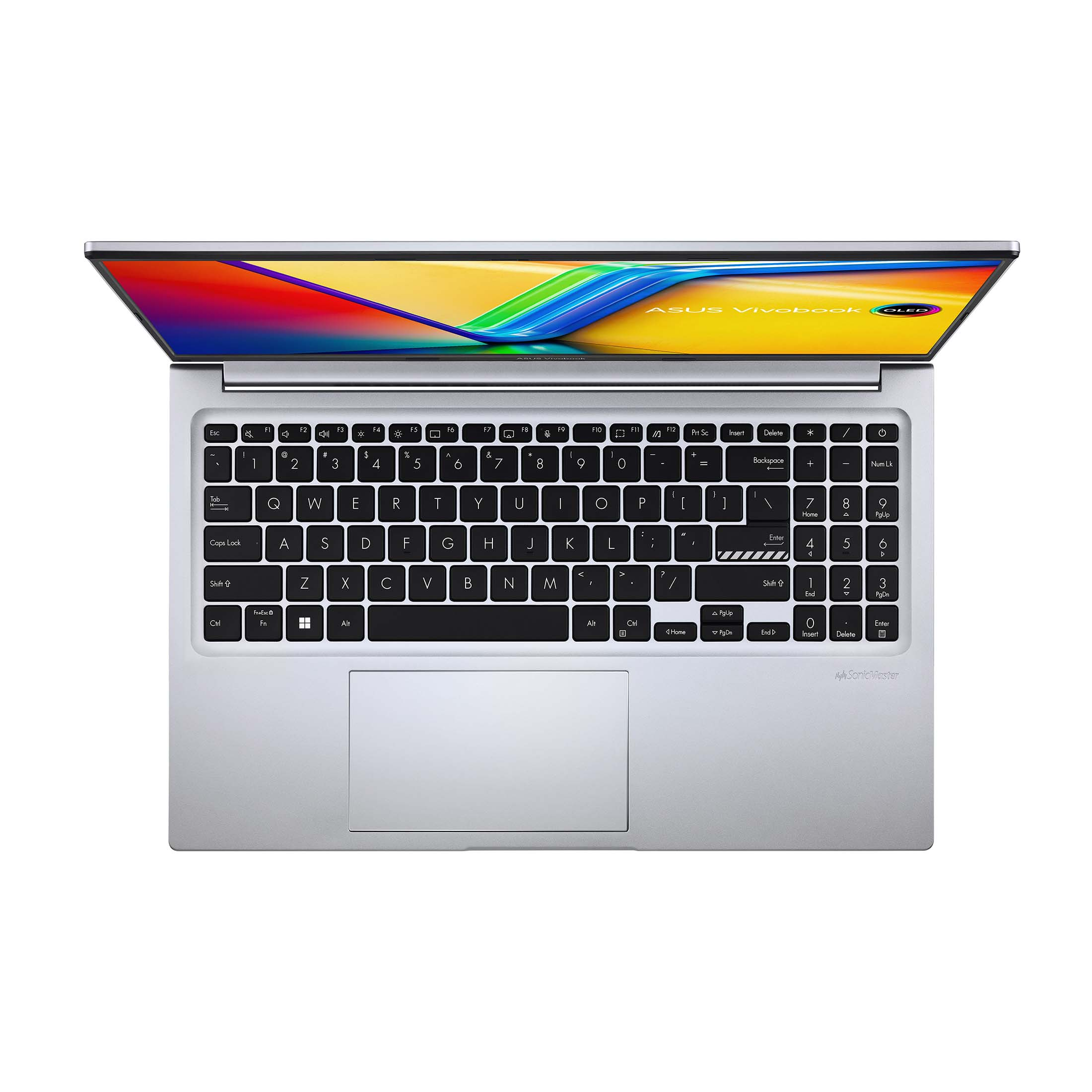 Silberner Laptop mit offenem Bildschirm, der ein farbenfrohes Bild zeigt. Tastatur und Touchpad sind sichtbar.