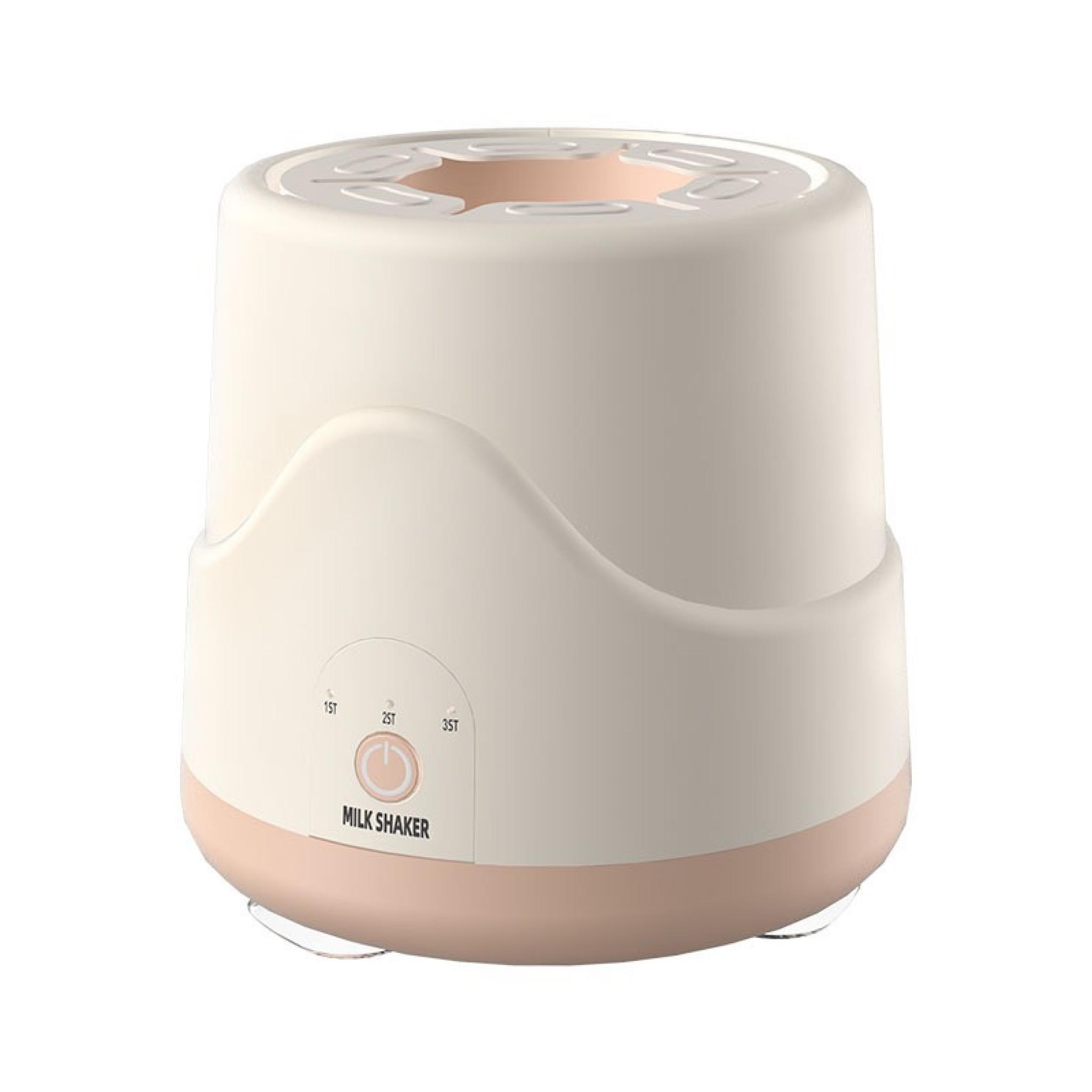 Ein beige-rosa Milchschüttler mit Ein-/Aus-Taste und Temperatureinstellungen. Es hat ein geschwungenes Design und eine kreisförmige obere Öffnung.
