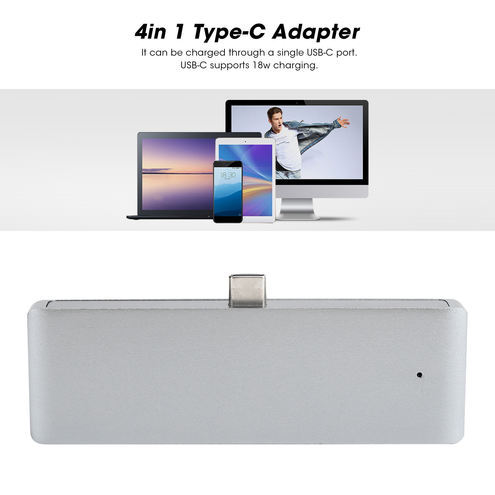 Silberner USB-C-Adapter mit Typ-C-Anschluss. Enthält Laptop, Tablet und Telefon. Text: 4in 1 Typ-C Adapter.