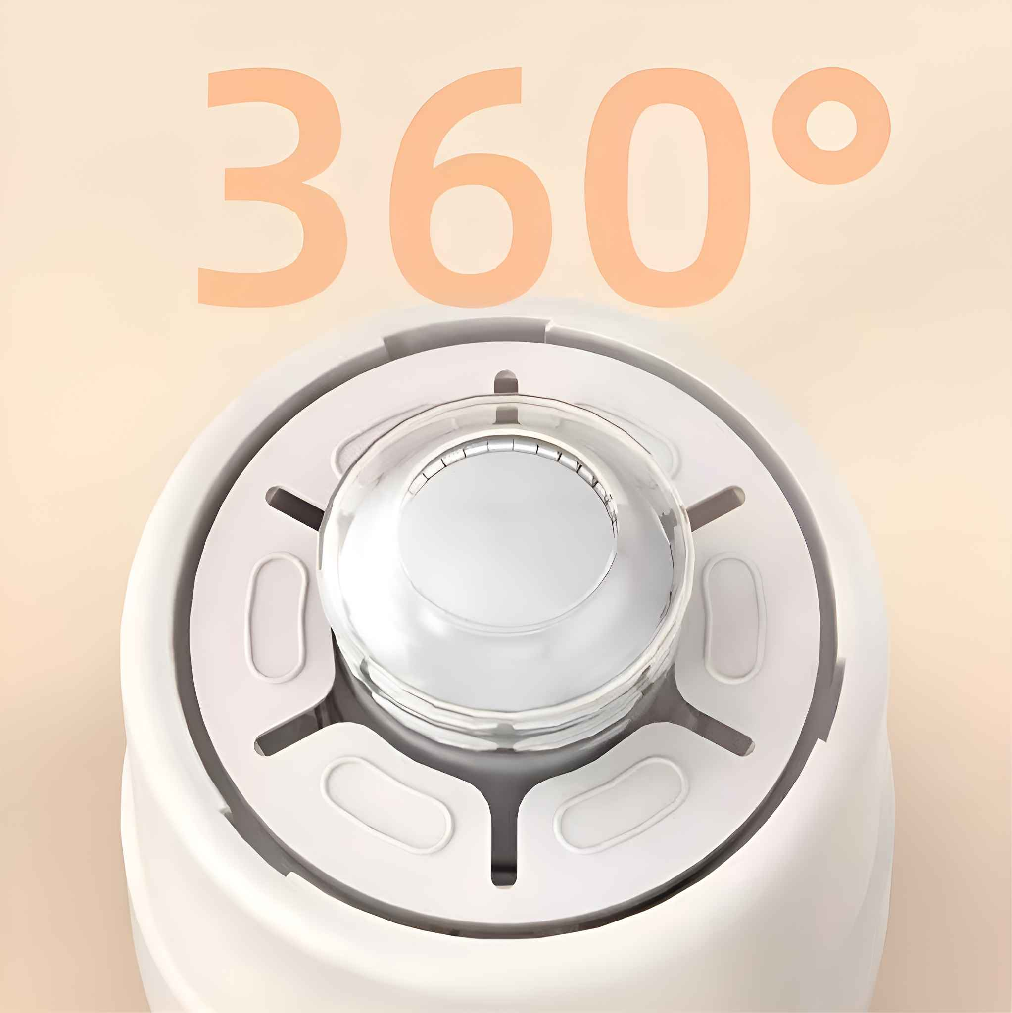 Weißes Gerät mit transparentem Oberteil, vor hellorangefarbenem Hintergrund. Der Text '360°' befindet sich über dem Gerät.