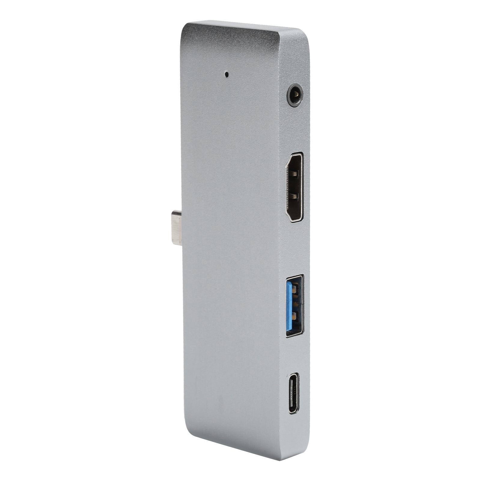 Silberner USB-C-Hub mit mehreren Anschlüssen: HDMI, USB 3.0, USB-C und Audioanschluss. Isoliert auf weißem Hintergrund.