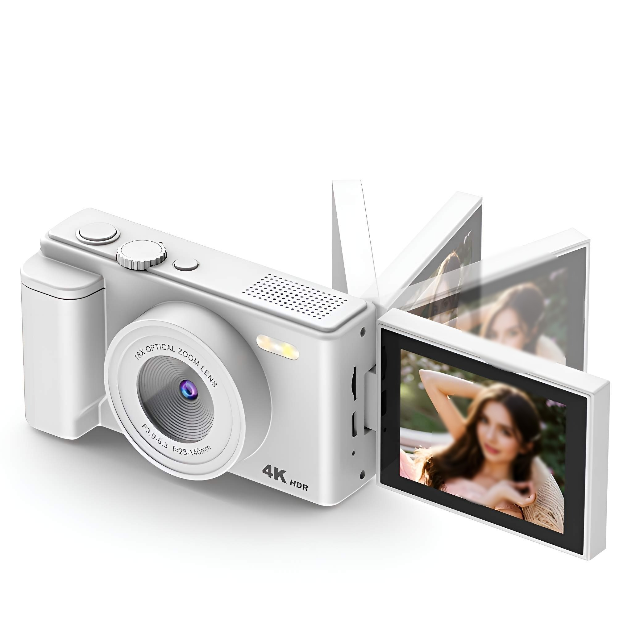Eine weiße Digitalkamera mit Bildschirm, der ein verschwommenes Bild einer Frau zeigt. Die Kamera hat ein Zoomobjektiv und 4K HDR.