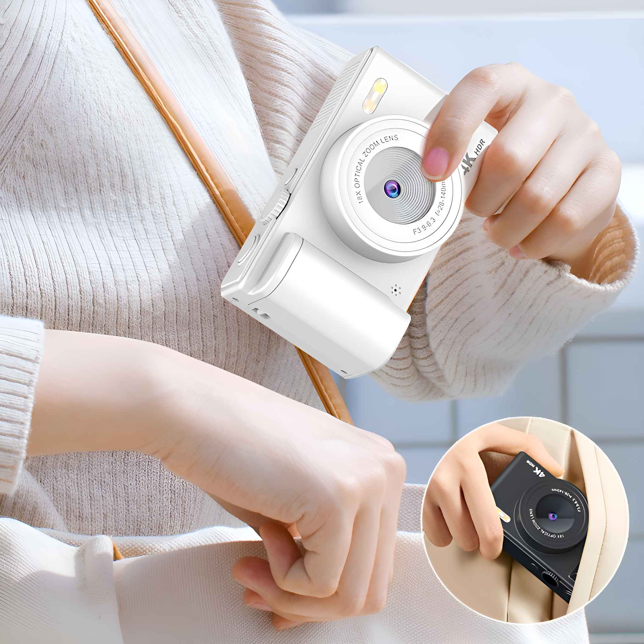 Eine Person hält eine weiße Kamera mit Objektiv. Die Kamera hängt an einem Gurt. Eine kleinere schwarze Kamera befindet sich in der Tasche.