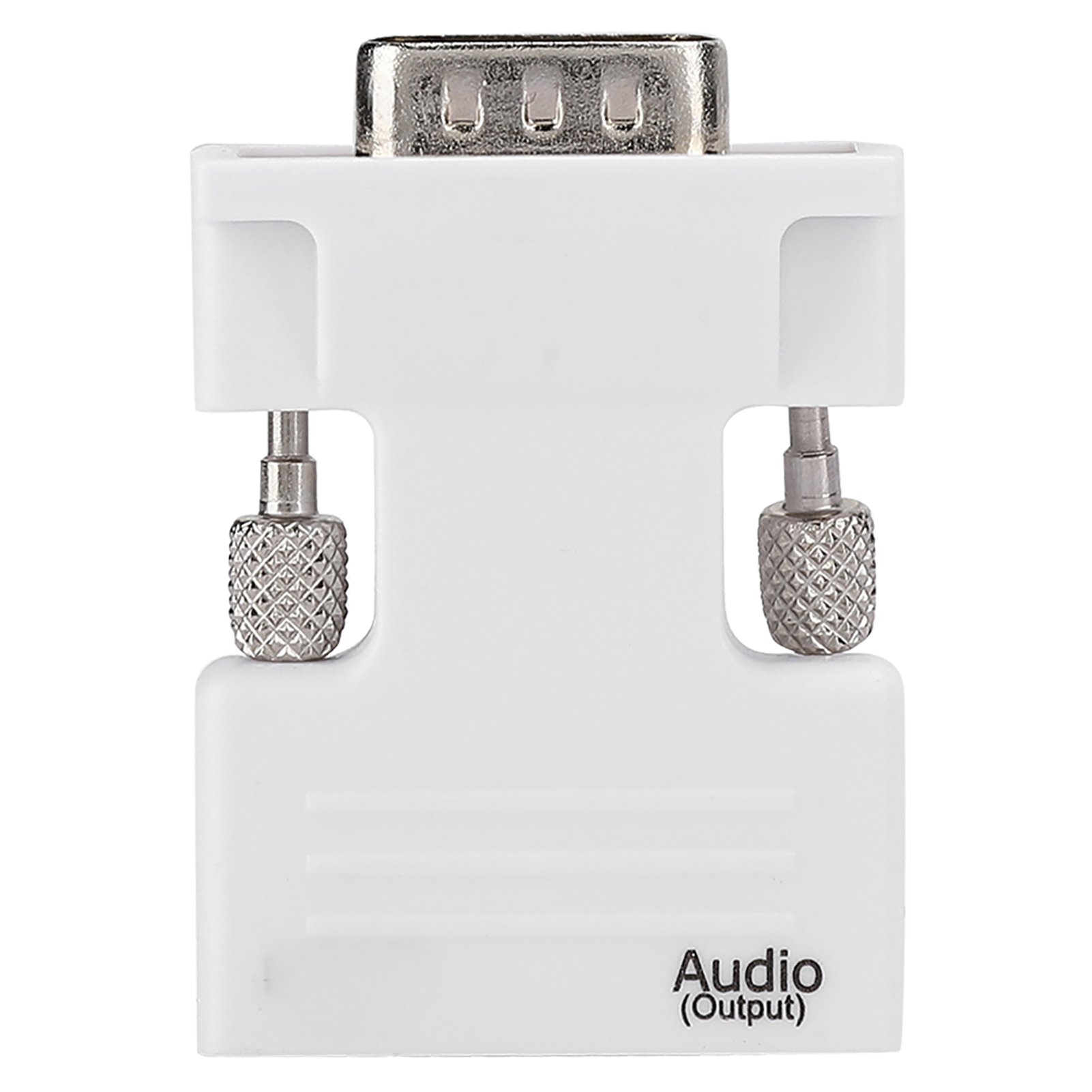 Ein weißer DVI-zu-Audio-Adapter mit Metallanschluss und zwei silbernen Schrauben. Text: 'Audio (Output)'.