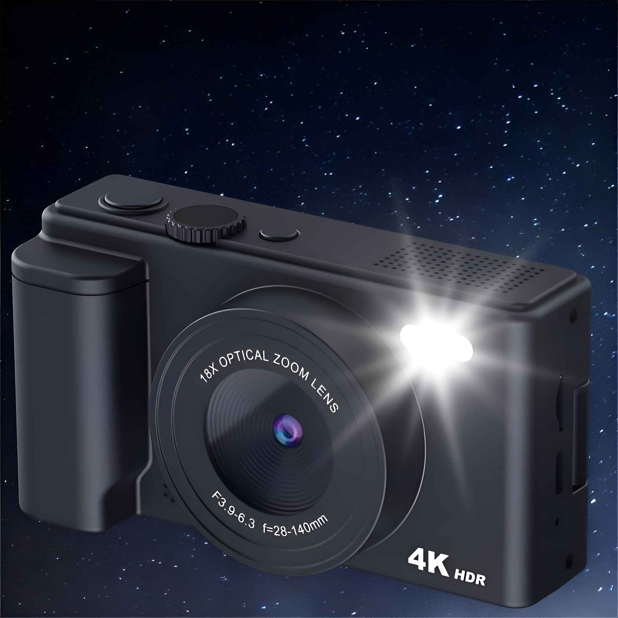 Schwarze Digitalkamera mit 18-fach optischem Zoomobjektiv, Blitz und 4K HDR auf Sternenhimmel.